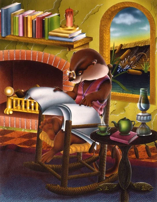 A cartoon scene of a mouse reading a book, sitting in a cozy room with a brick fireplace, a bookshelf above, a window showing a field with cattails outside, and a table with a teapot, cups, and a lamp.