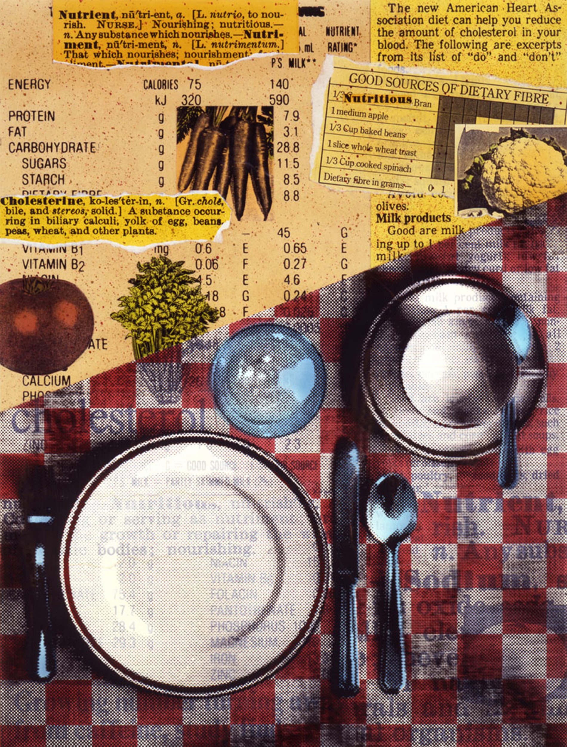 A table set for a meal with a red and white checkered tablecloth. On the table are a white plate with printed text, a black fork, a black knife, a black spoon, a brown glass, and a small blue globe. Surrounding the table are various vintage food advertisements and nutritional information, including images of carrots, an illustration of a tree, and text about nutritious foods and dietary fiber.