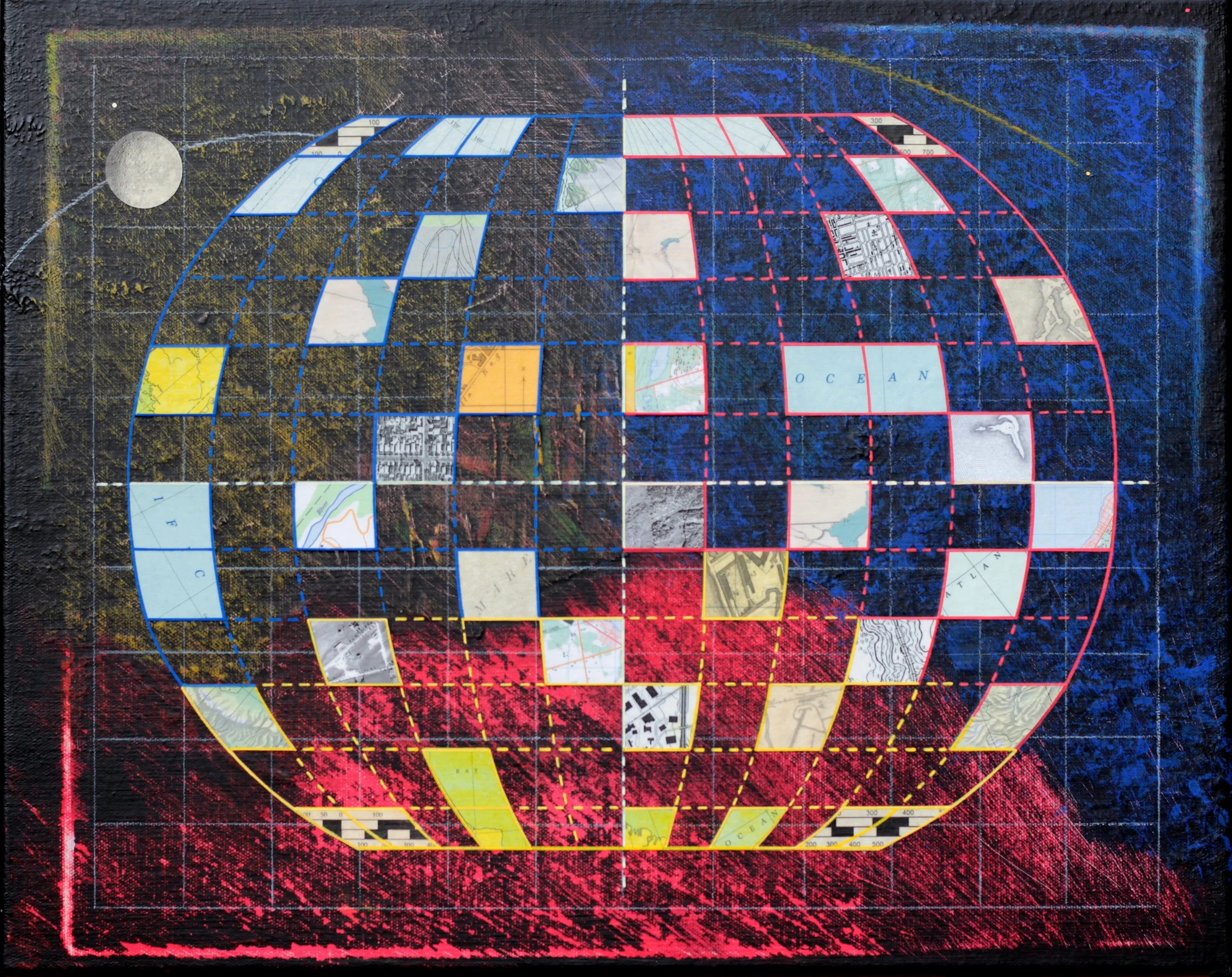 A mixed media artwork featuring a grid overlay on a circular collage of satellite images, top left corner shows a full moon, with a background of layered red and blue textures.