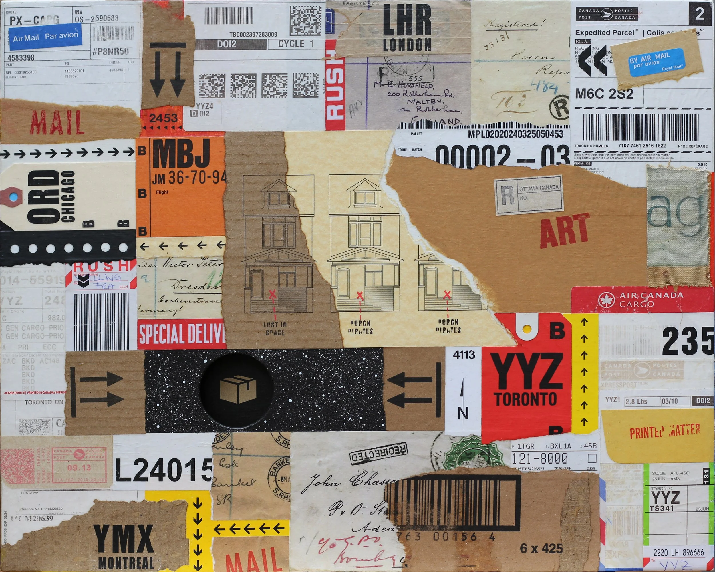 A collage of various postage labels, stamps, and pieces of paper, including shipping labels from Canada and the US, handwritten notes, barcode stickers, and art elements arranged chaotically.