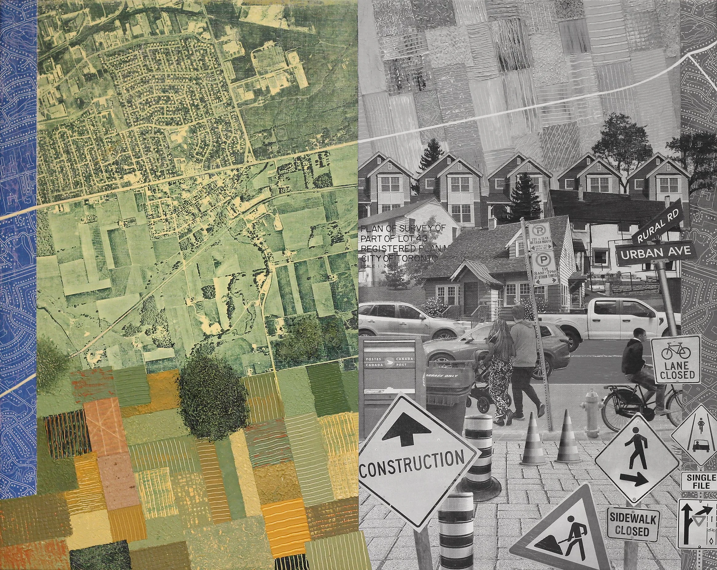 Split image showing a colorful aerial map of residential area on the left and a black-and-white photograph of a street scene with signage, parked cars, and pedestrians on the right.