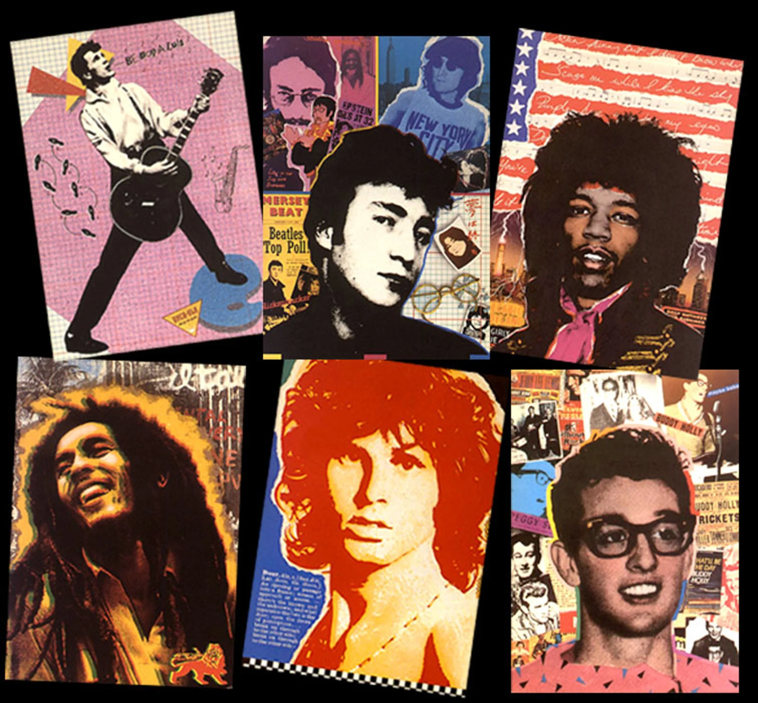 Collage of iconic pop culture figures including a man with guitar, a young man in black and white, a man with curly hair and a background of American flag, a woman with large afro smiling, a woman with wavy hair, a woman with glasses and patterned shirt, and various smaller images of musicians and celebrities.