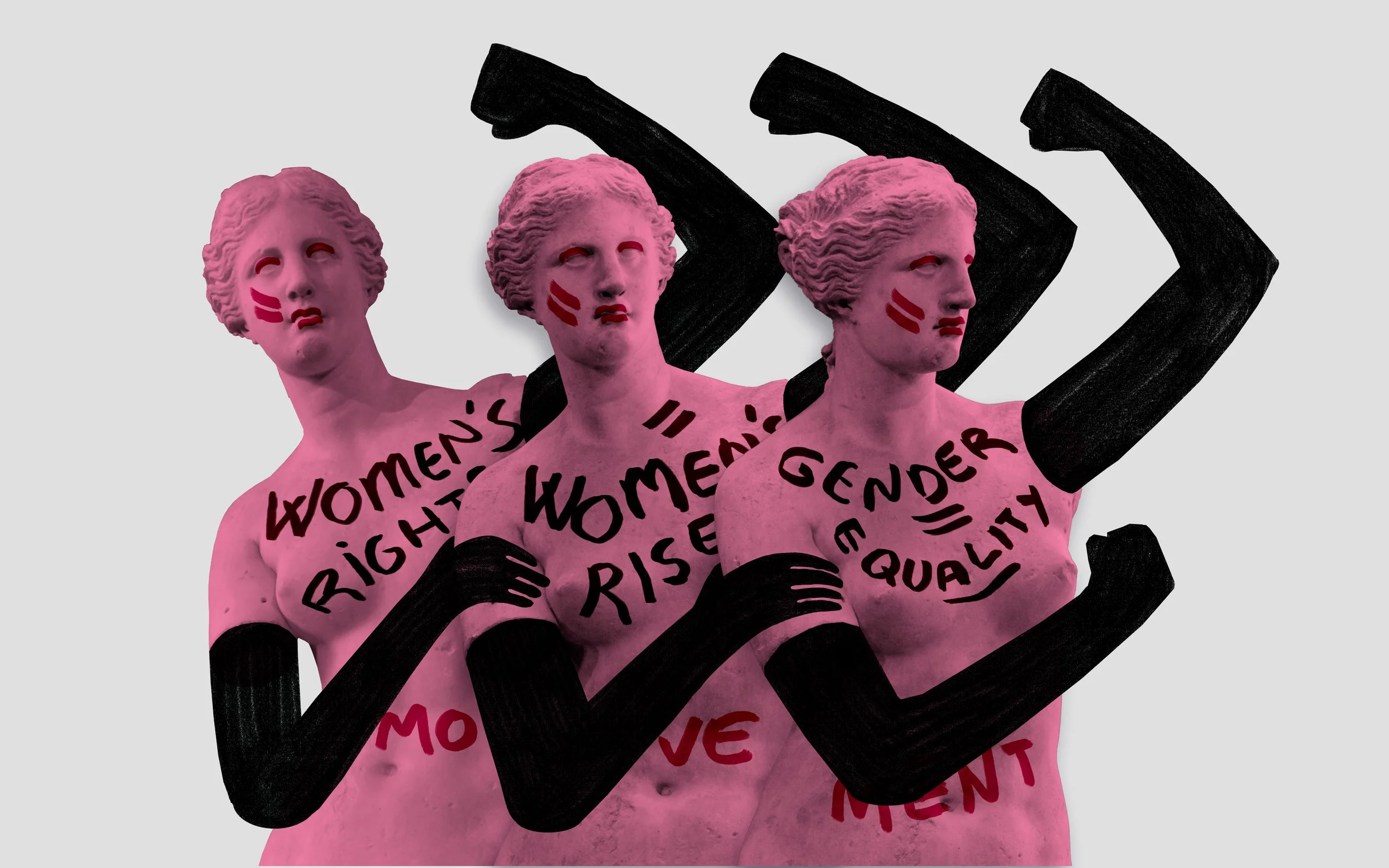 Three statues of women raising their fists in the air. The first woman has the words "women's rights" on her chest, the second has the words "women's rise" and the third has the words "gender equality." Each of their stomachs spell out movement.
