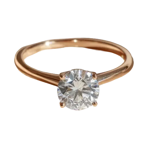 A gold ring with a simple band, featuring a large round solitaire diamond in a four-prong setting—perfect for a wedding photographer in Kansas City to capture.