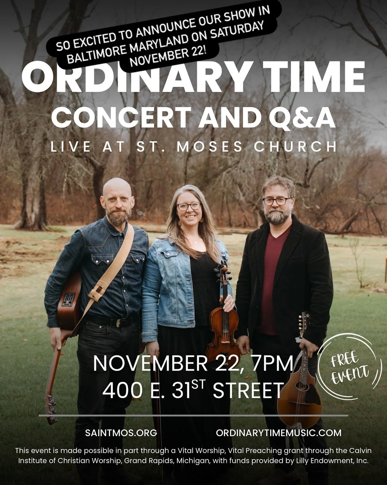 Friends! If you are in the Mid-Atlantic or know someone who is, please come and/or spread the word about our Baltimore show November 22! We are so thankful for each opportunity to play together. We&rsquo;ll also have some time if q&amp;a reflecting o