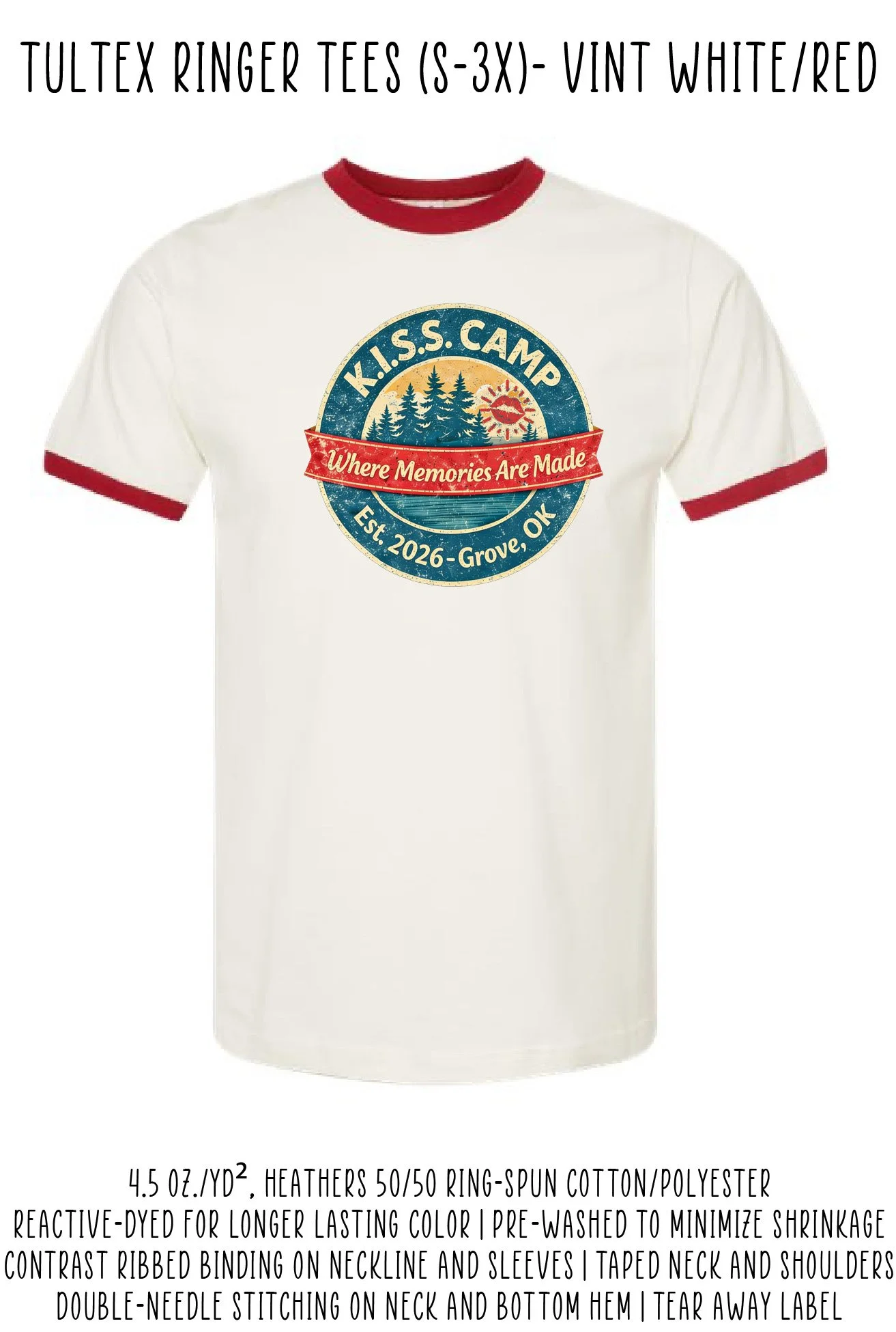 KISS Camp Tultex Ringer Tee - Vintage White & Red