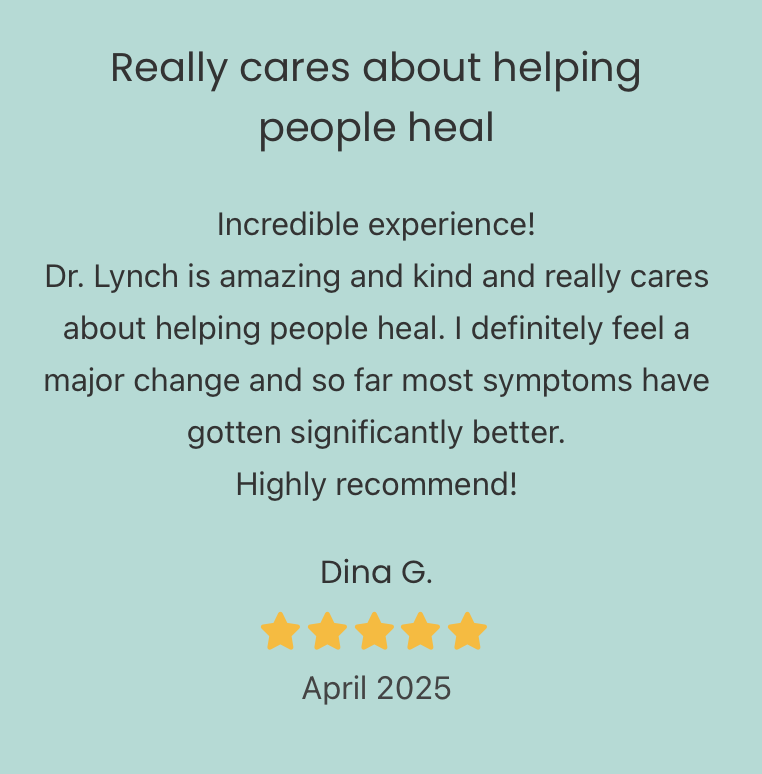 Testimonial for Dr. Lynch highlighting kindness and effectiveness in healing, with a 5-star rating from Dina G. in April 2025.