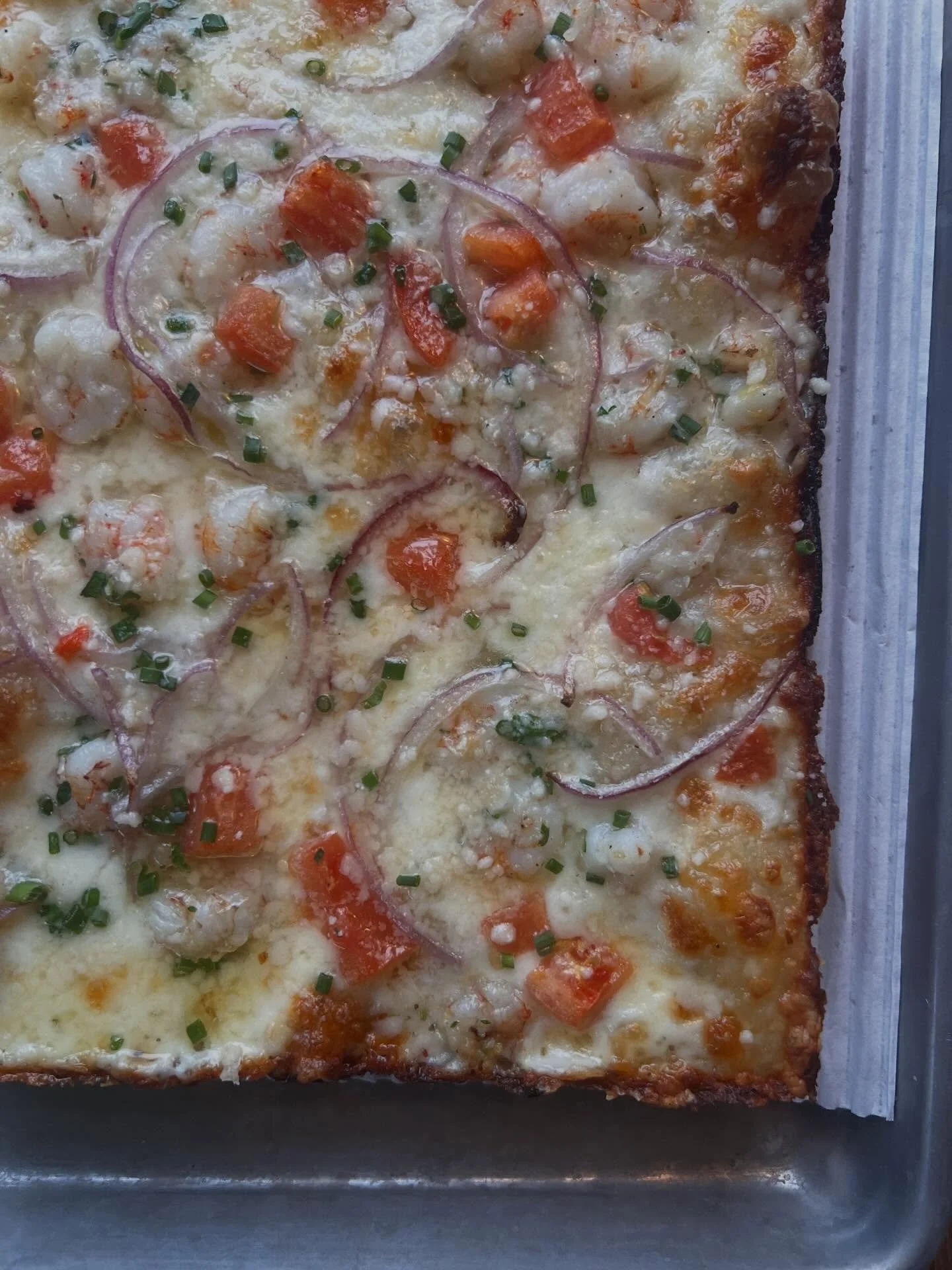 GOING OUT ON A HIGH NOTE. 

Shrimp scampi pizza
Rock shrimp marinaded in ww, garlic and parsley, red o, tom, brick, mozz, parm, chive, drawn garlic butter