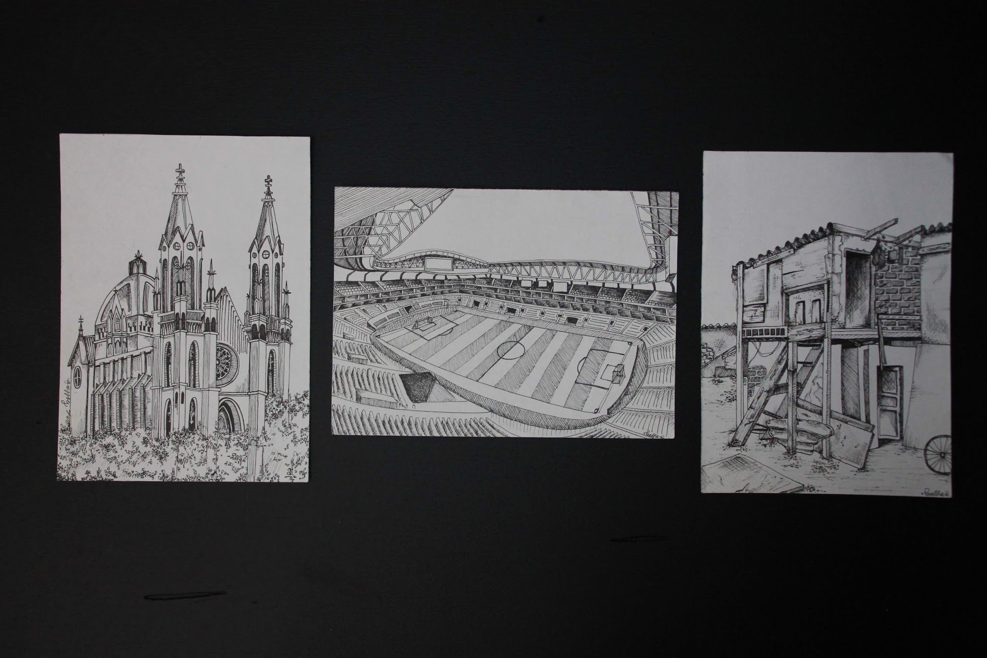 Ink on Paper
15x20 cm
Architectural study of Brazilian landmarks: Catedral da Sé, Estádio Cícero Pompeu, Favela Heliópolis (left to right).