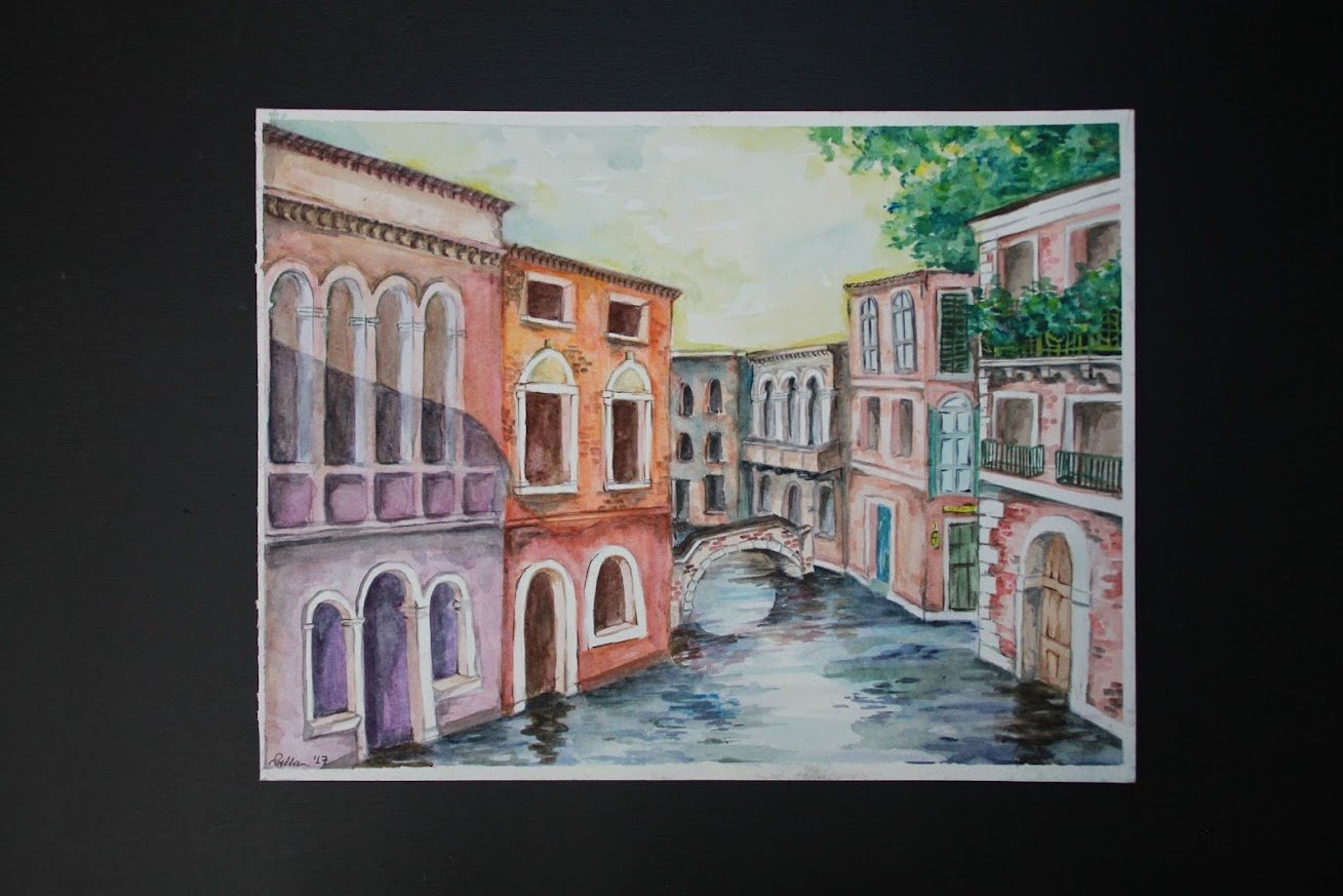 Watercolor on (200gsm) Paper
56x76 cm
Invented landscape of Venice, loosely based on family photos and imagination.