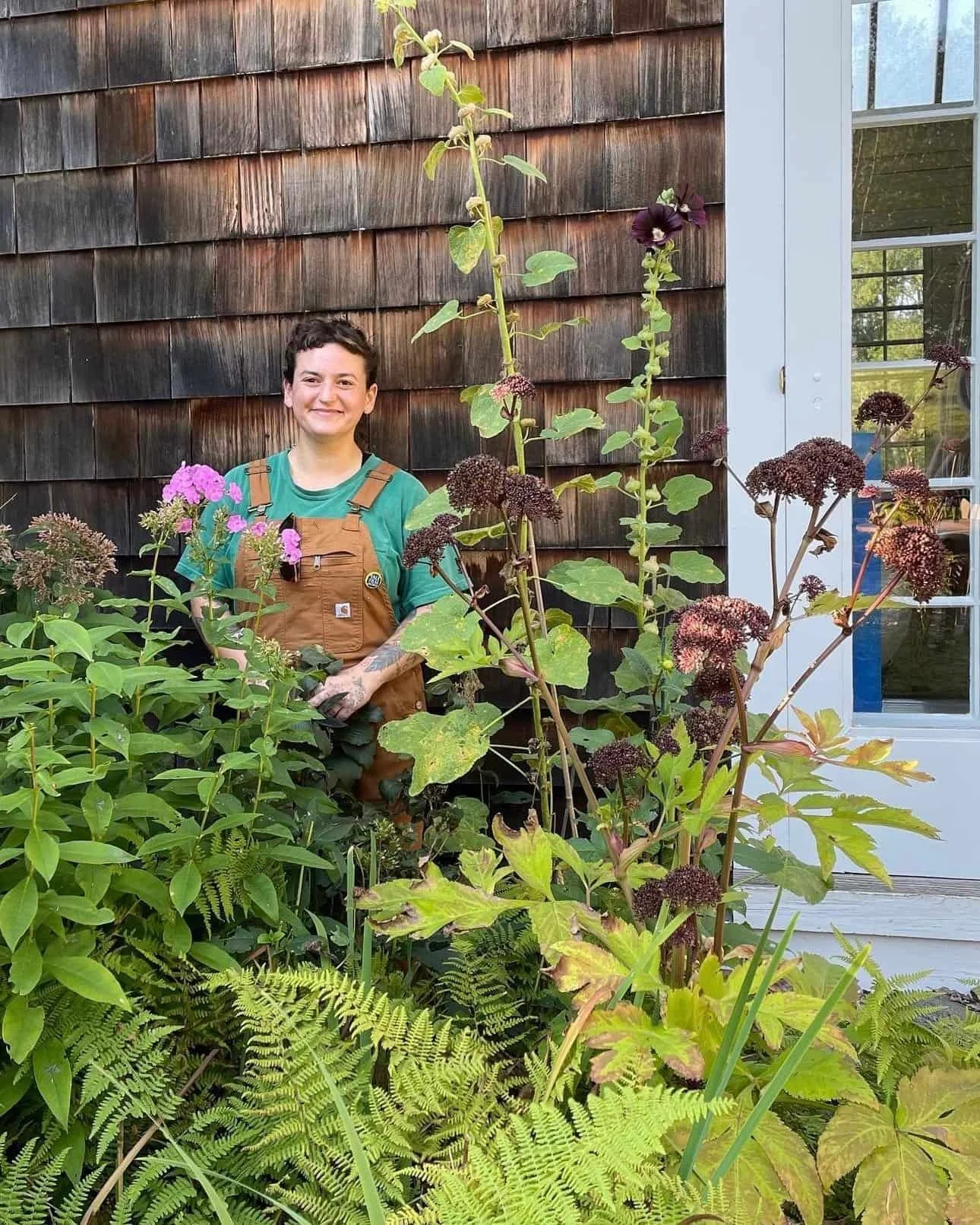 A person standing among various garden plants near a house door with wooden siding and a window.
