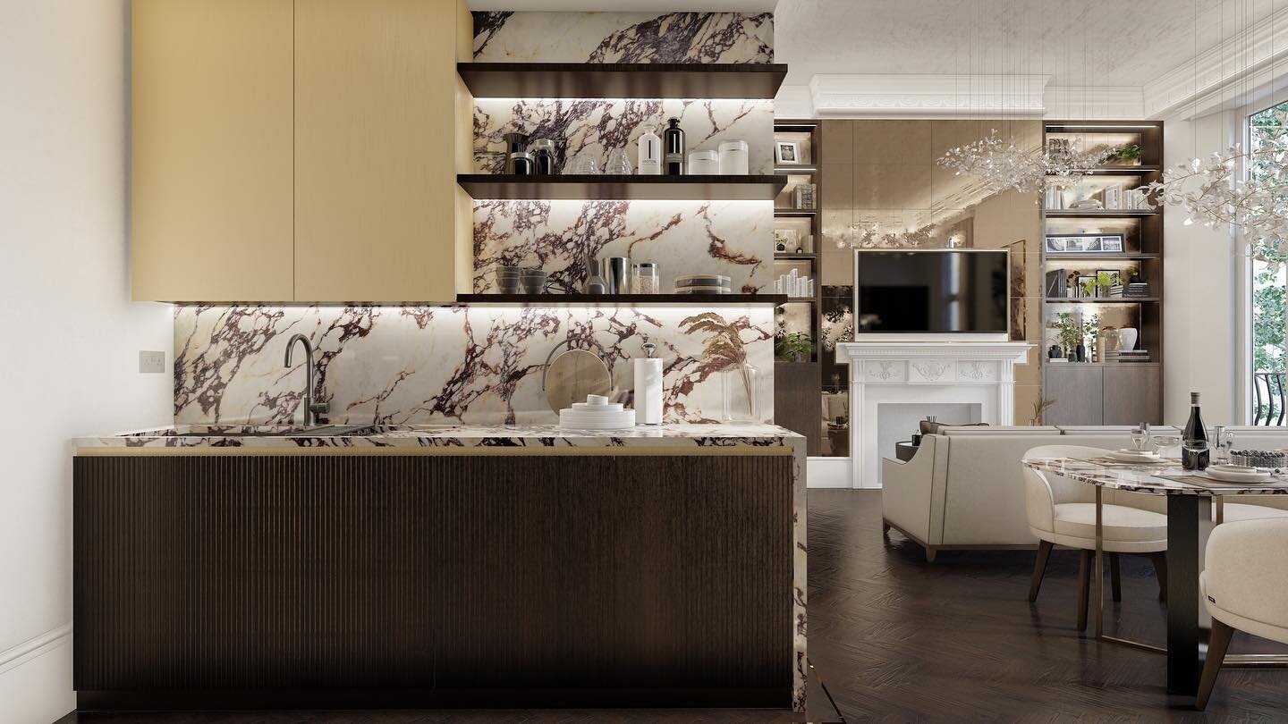 The view from the kitchen in our Lancaster Gate project, mixing woods, marble and metals