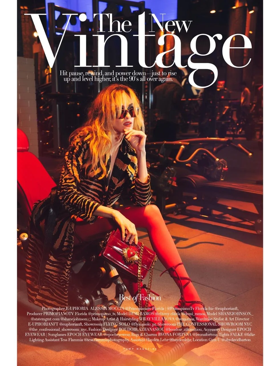 Fashion magazine cover with a model in a gym, wearing vintage-inspired clothing, holding a red handbag and wearing sunglasses. Text overlay reads 'The New Vintage' and 'Best of Fashion.'