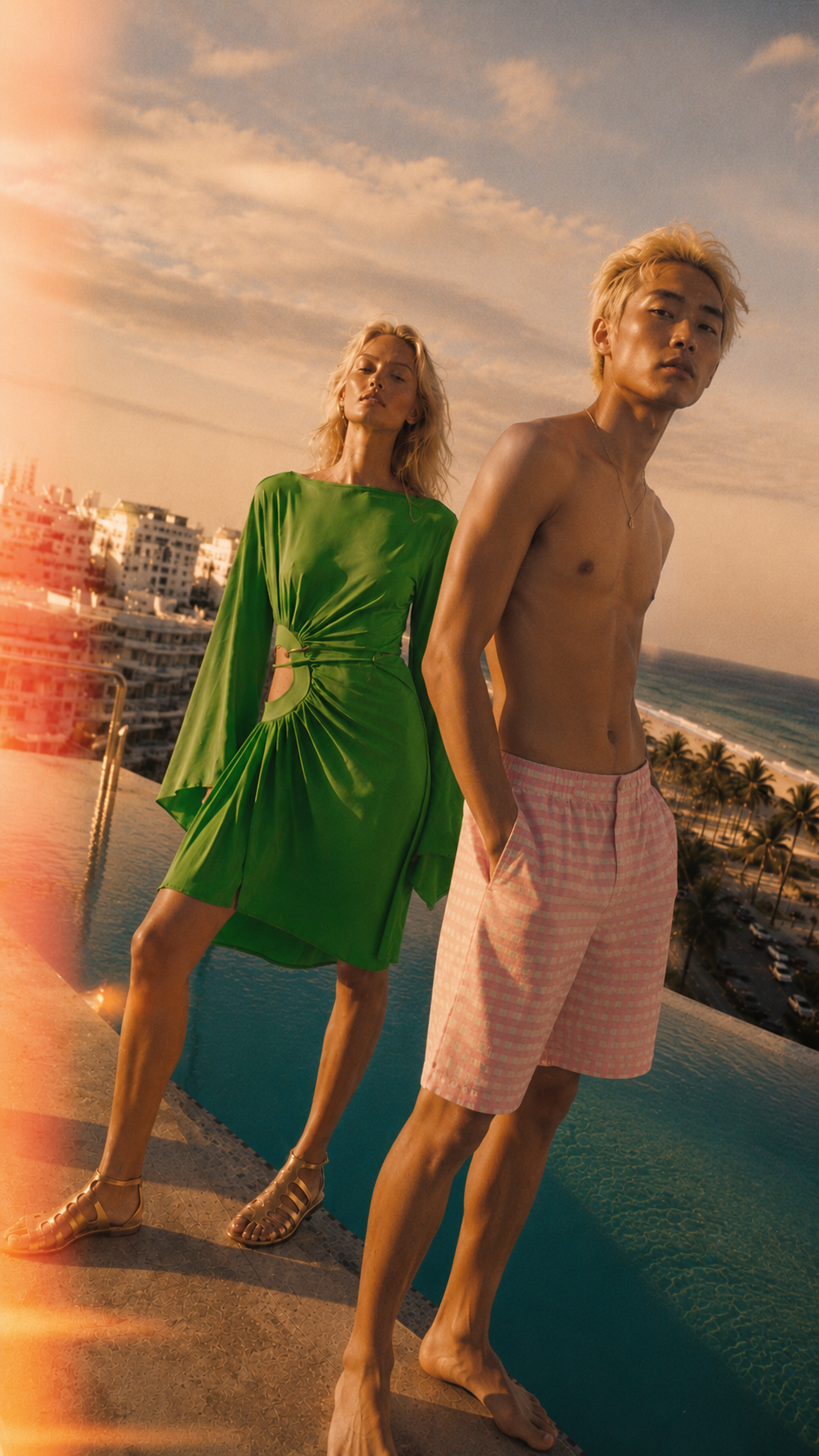 THE OUTNET Miami AI fashion campaign created by Alessia Moccia, featuring two models in summer looks beside a rooftop pool overlooking the ocean.