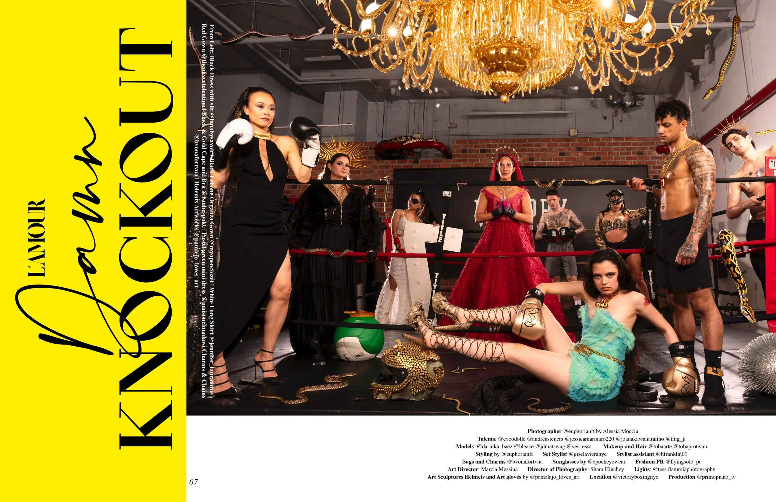 Group of people in a boxing ring with a luxurious chandelier, dressed in eclectic and fashionable outfits, some wearing boxing gloves, and surrounded by fashion accessories, against a yellow background with 'L'Amour Knockout' text.