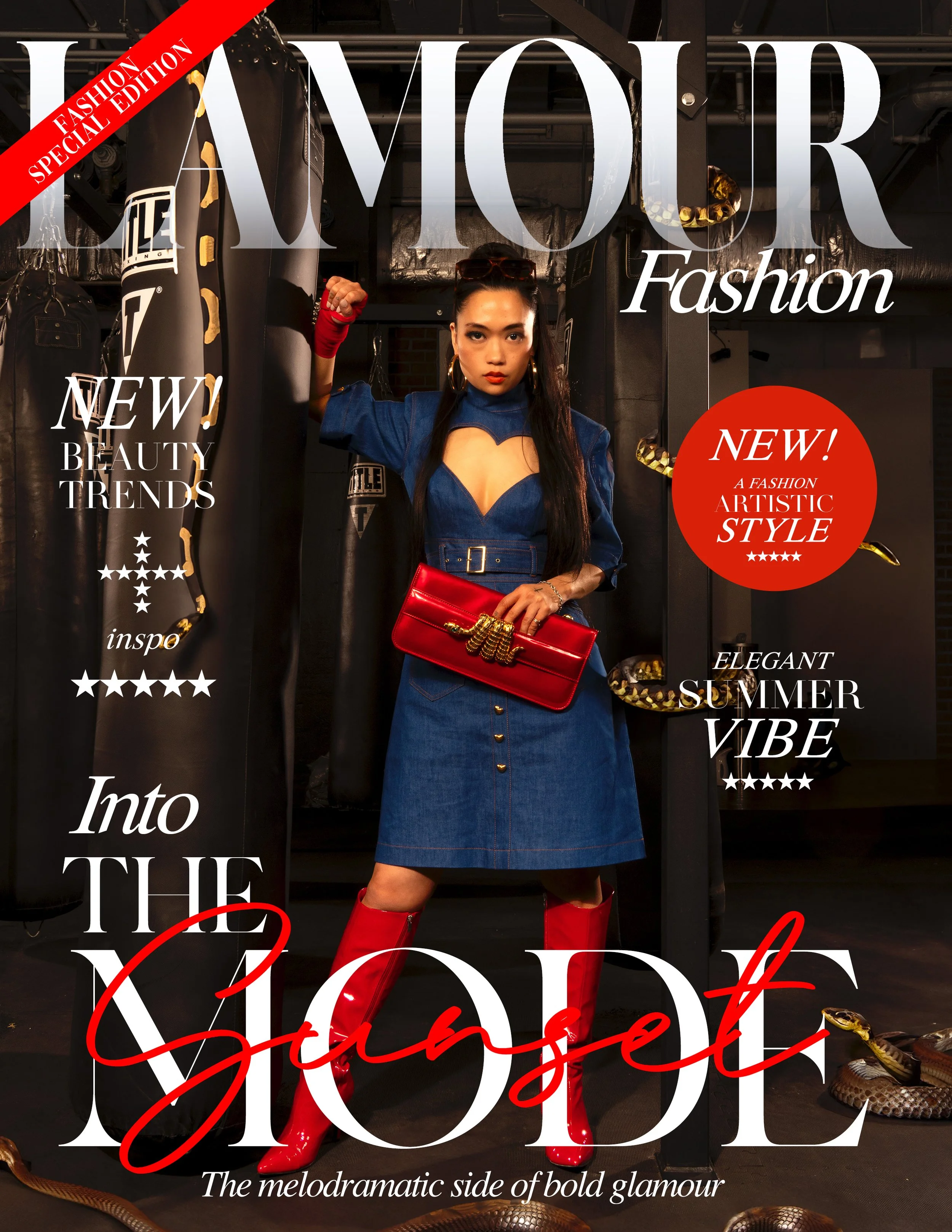 Fashion magazine cover with a woman in stylish denim dress and red boots, holding a red clutch. Boxing gym setting with punching bags and coiled snakes. Headline reads 'Into the Mode' with fashion and beauty trend highlights.
