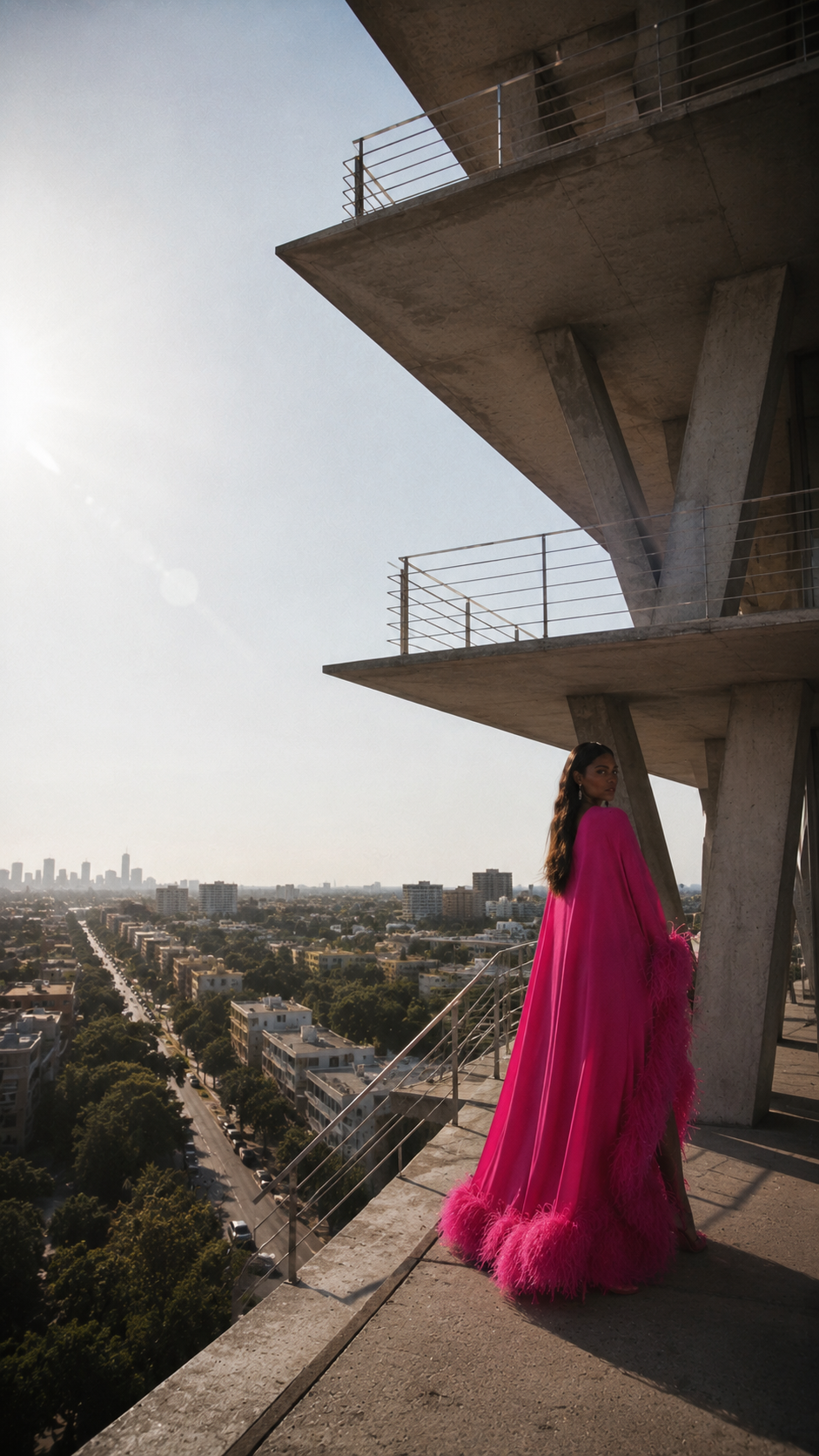 AI-created fashion campaign image for THE OUTNET by Alessia Moccia in Miami, featuring a woman in a pink Valentino gown at 1111 Lincoln Road.