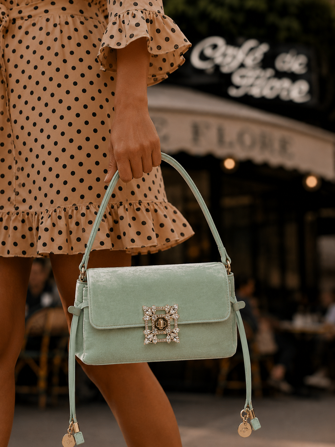 Close-up of a woman holding a light green handbag with a jeweled buckle, wearing a beige polka dot dress with ruffled sleeves, in an outdoor cafe setting.