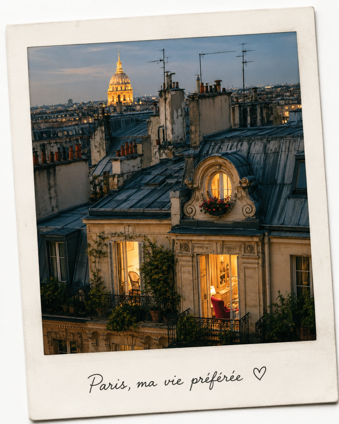 View of Paris rooftops at dusk with illuminated windows, the Eiffel Tower in the background, and a framed photo with French caption 'Paris, ma vie préférée'.
