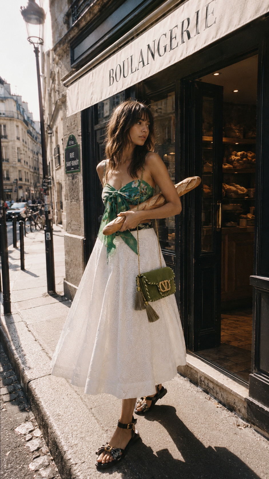 A woman in a floral top and white skirt standing outside a bakery holding a baguette, carrying a green purse, on a city sidewalk.