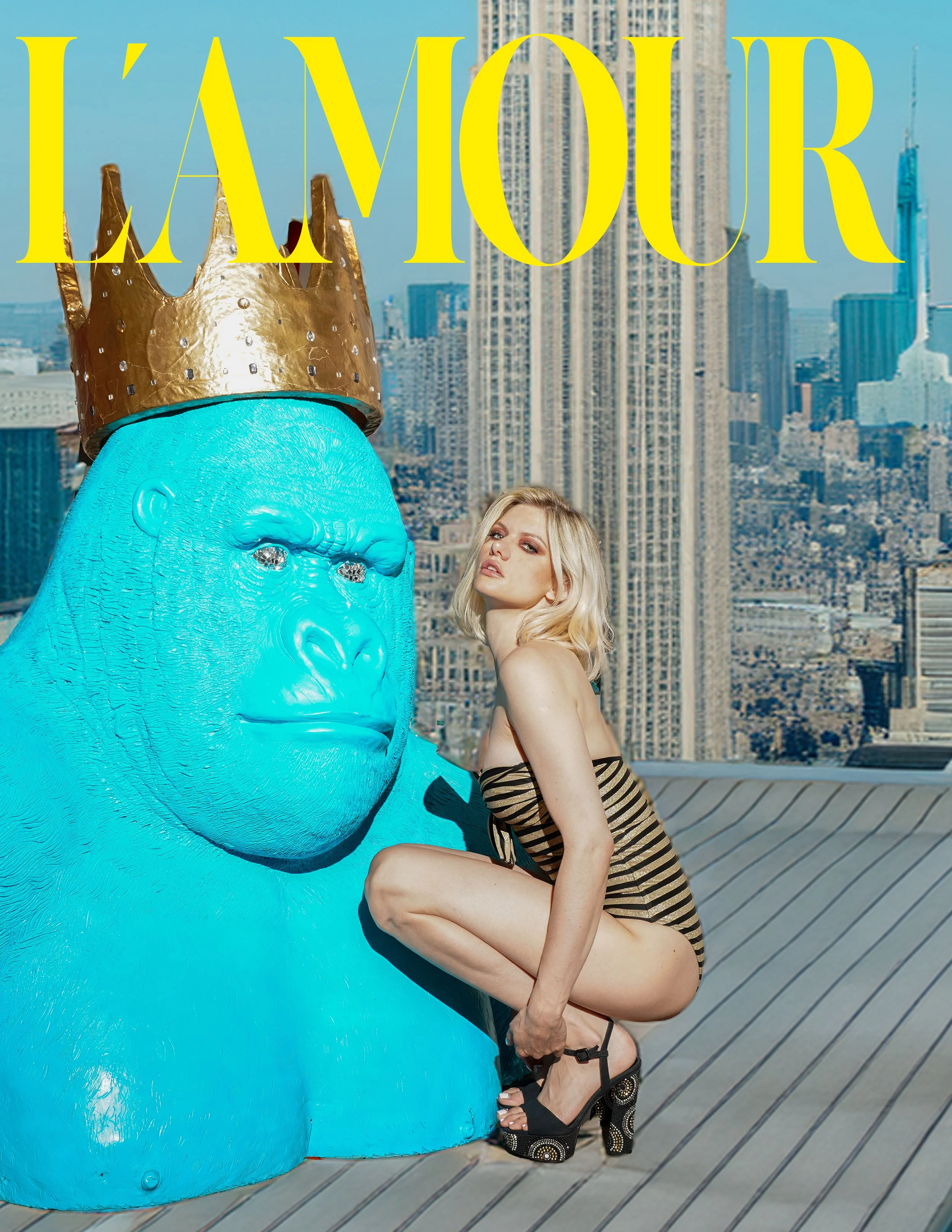 Futuristic fashion photoshoot featuring a model with a blue gorilla statue wearing a crown against a city skyline.