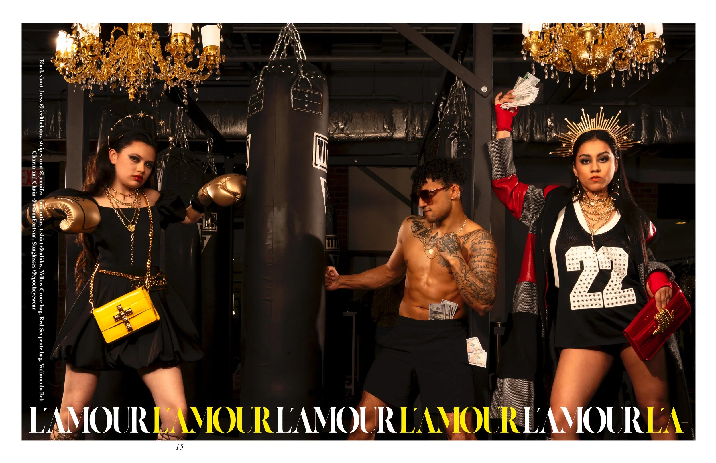 Fashion shoot with models in a gym, wearing boxing gloves and luxury accessories, alongside punching bags under chandeliers, with bold text 'L'AMOUR' at the bottom.