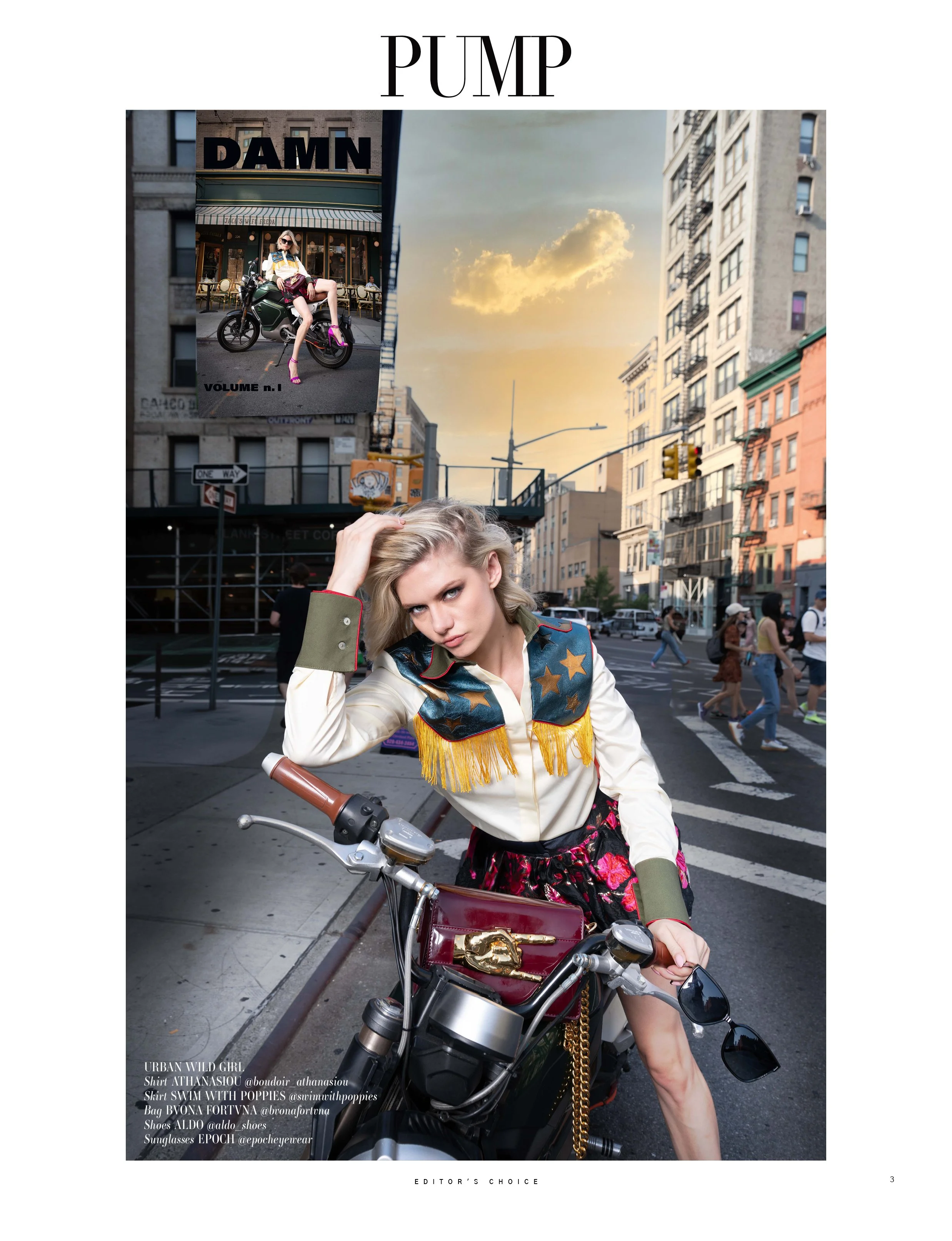 Fashion magazine cover featuring a model with a bold outfit on a motorcycle, urban street background, and a sky at sunset. The magazine is titled 'Pump' and has a smaller image of a storefront with 'DAMN' sign.