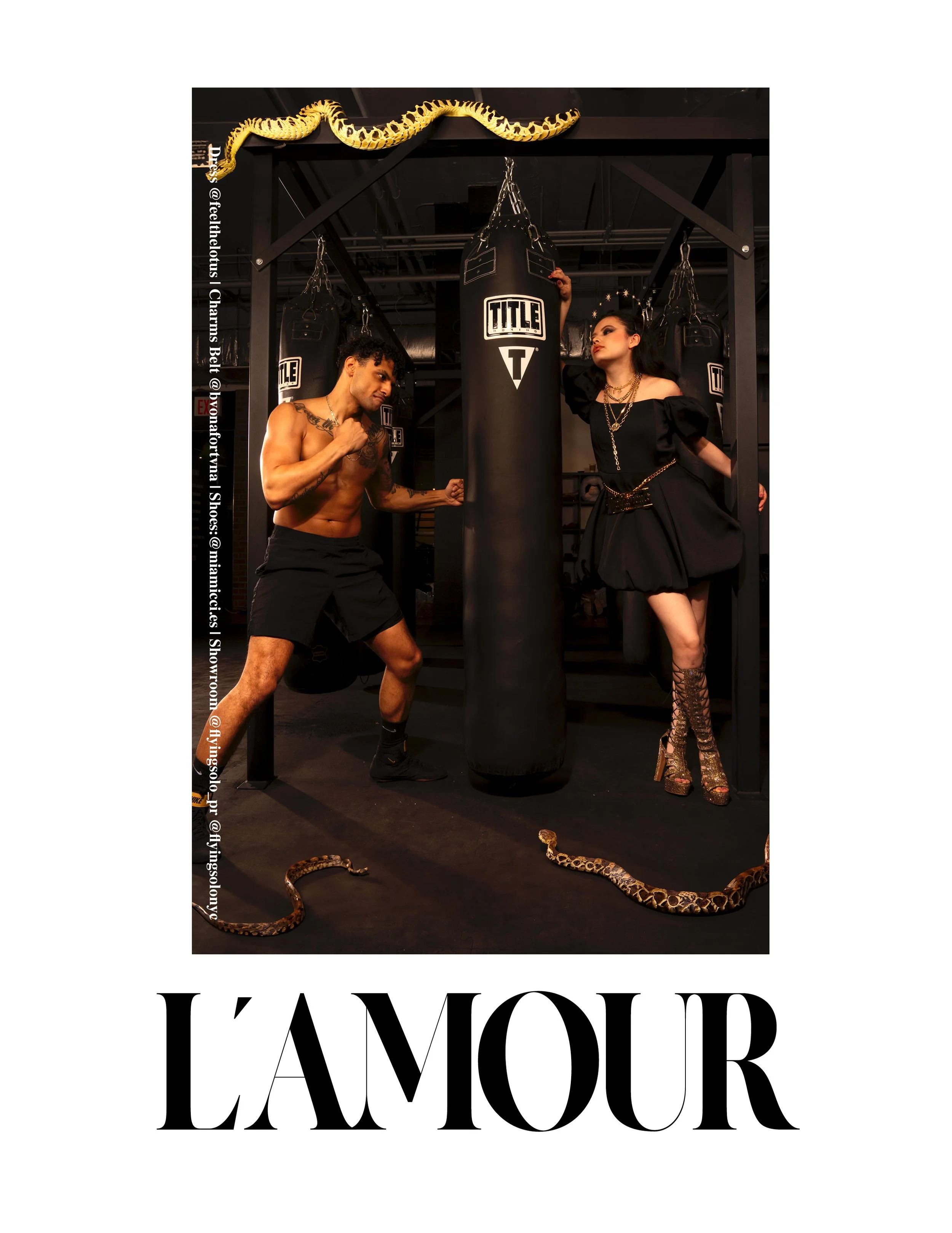 Man boxing a punching bag with a woman in stylish outfit beside it, decorative snakes around them.