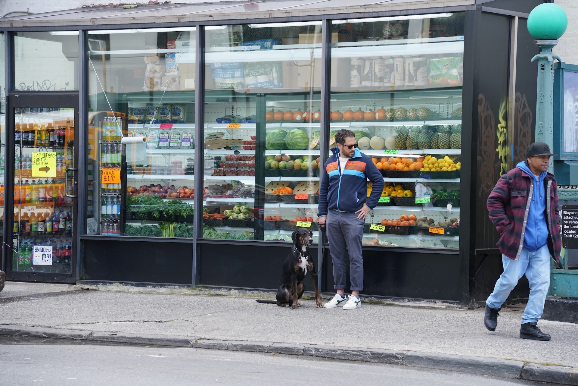 A storefront with glass display case filled with various fruits and vegetables. Three people and a dog stand in front of the store, with street and sidewalk in the foreground.