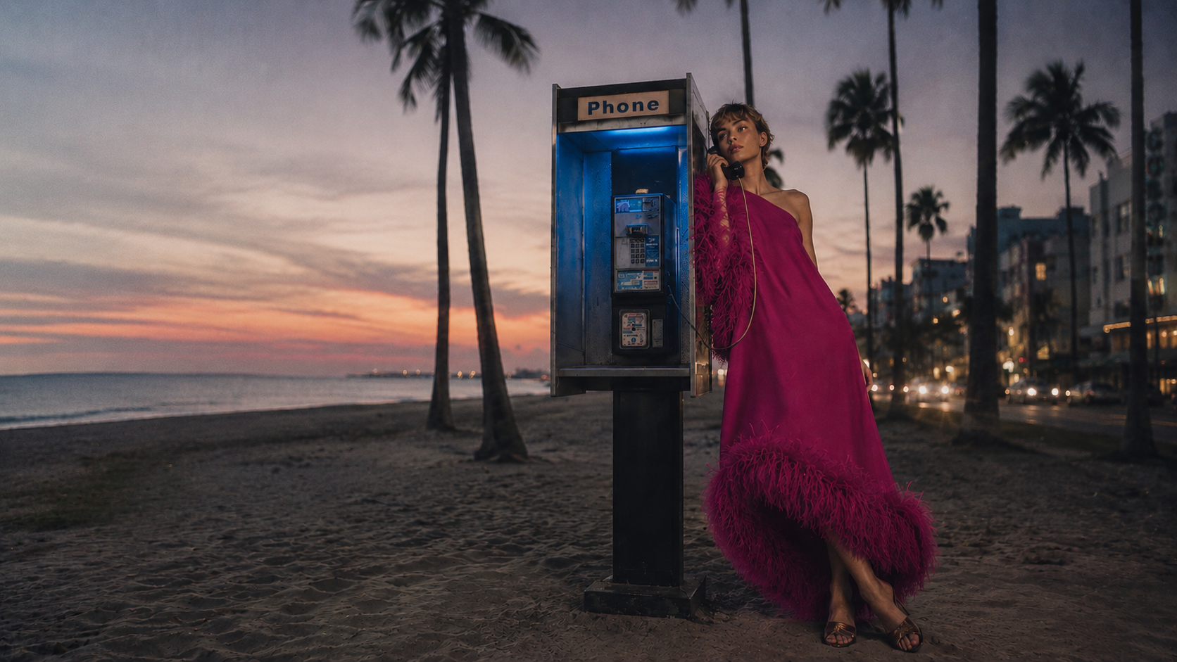 AI-created fashion campaign image for THE OUTNET by Alessia Moccia in Miami, featuring a woman in a pink feathered dress at a phone booth by the beach at sunset.