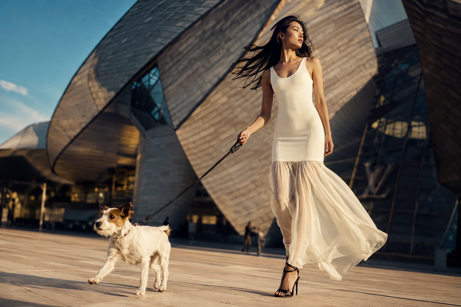 A woman in a white dress walking her dog in front of a modern architectural building with curved wooden exterior.