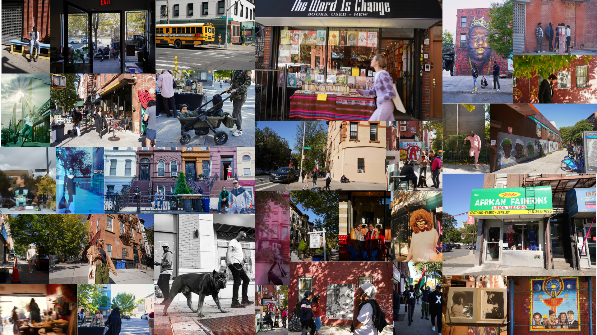 A collage of urban scenes including people walking on sidewalks, storefronts, street murals, a yellow school bus, people sitting on benches, and storefront signs in a city environment.