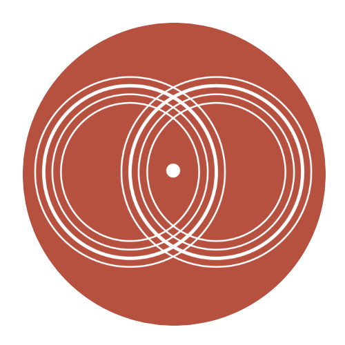 red circle with two intersecting circles made of four rings each with a center solid dot inside the two circles the circle ripples merge into one creating a drop, a circle inside a bright sphere of red earth