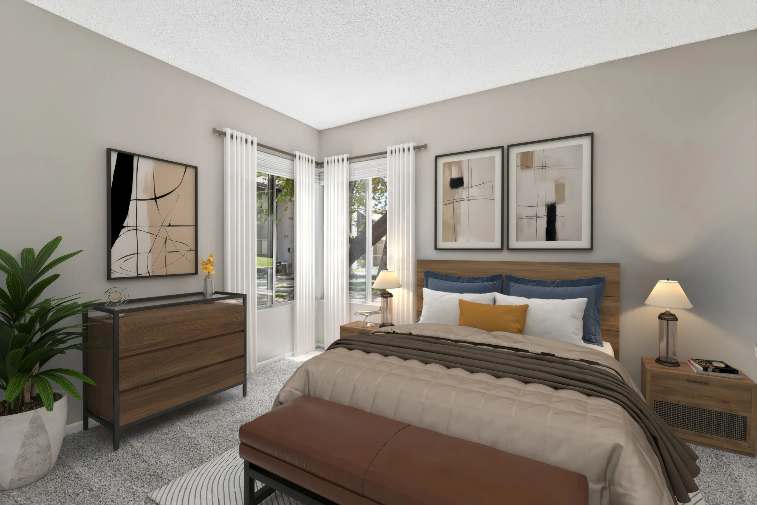 The second bedroom in our 2x2 unit. Featuring caddy corner windows with lots of natural light