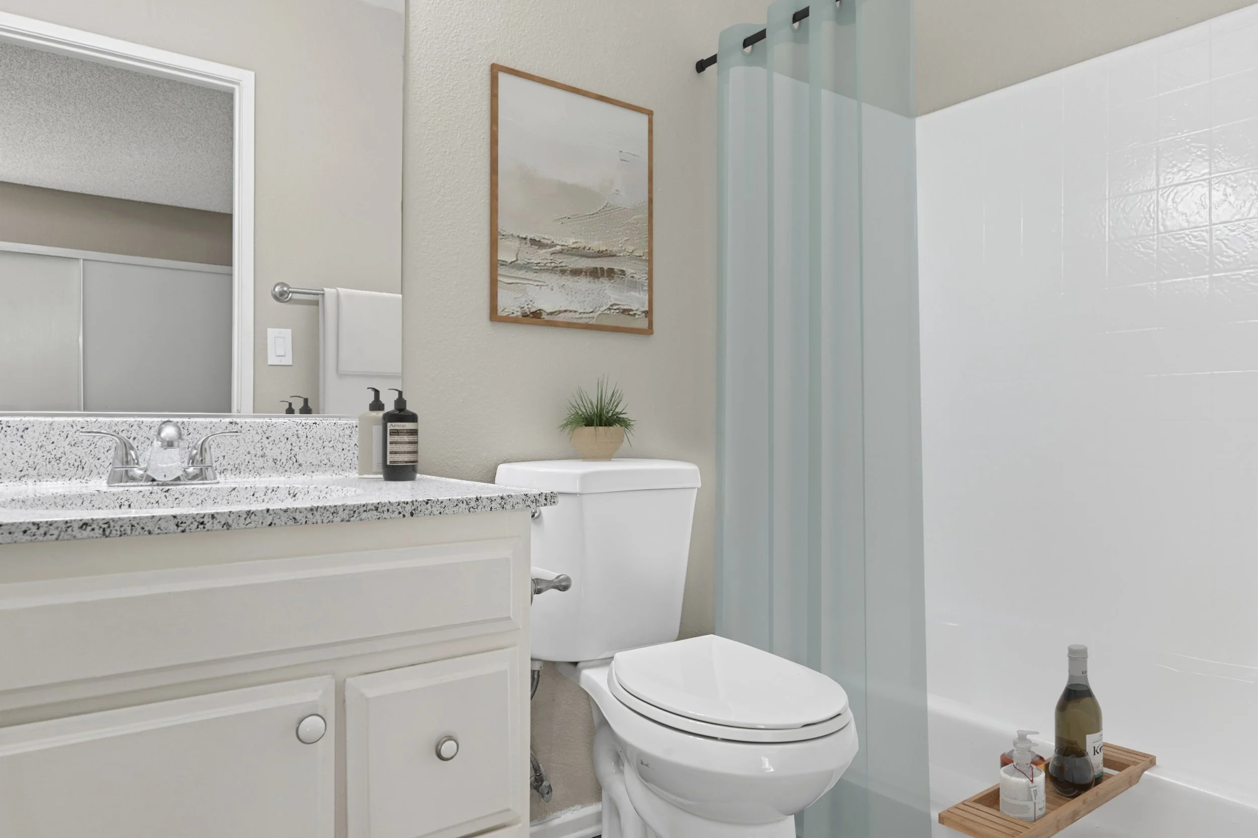 The bathroom in the 1x1 unit is easily accessible through your bedroom. 