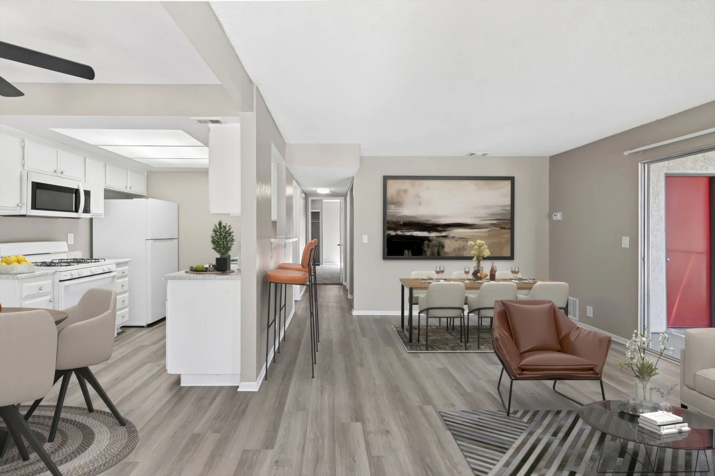 A photo of the living room/ dining room in the 2x2 unit. Lots of space for company!