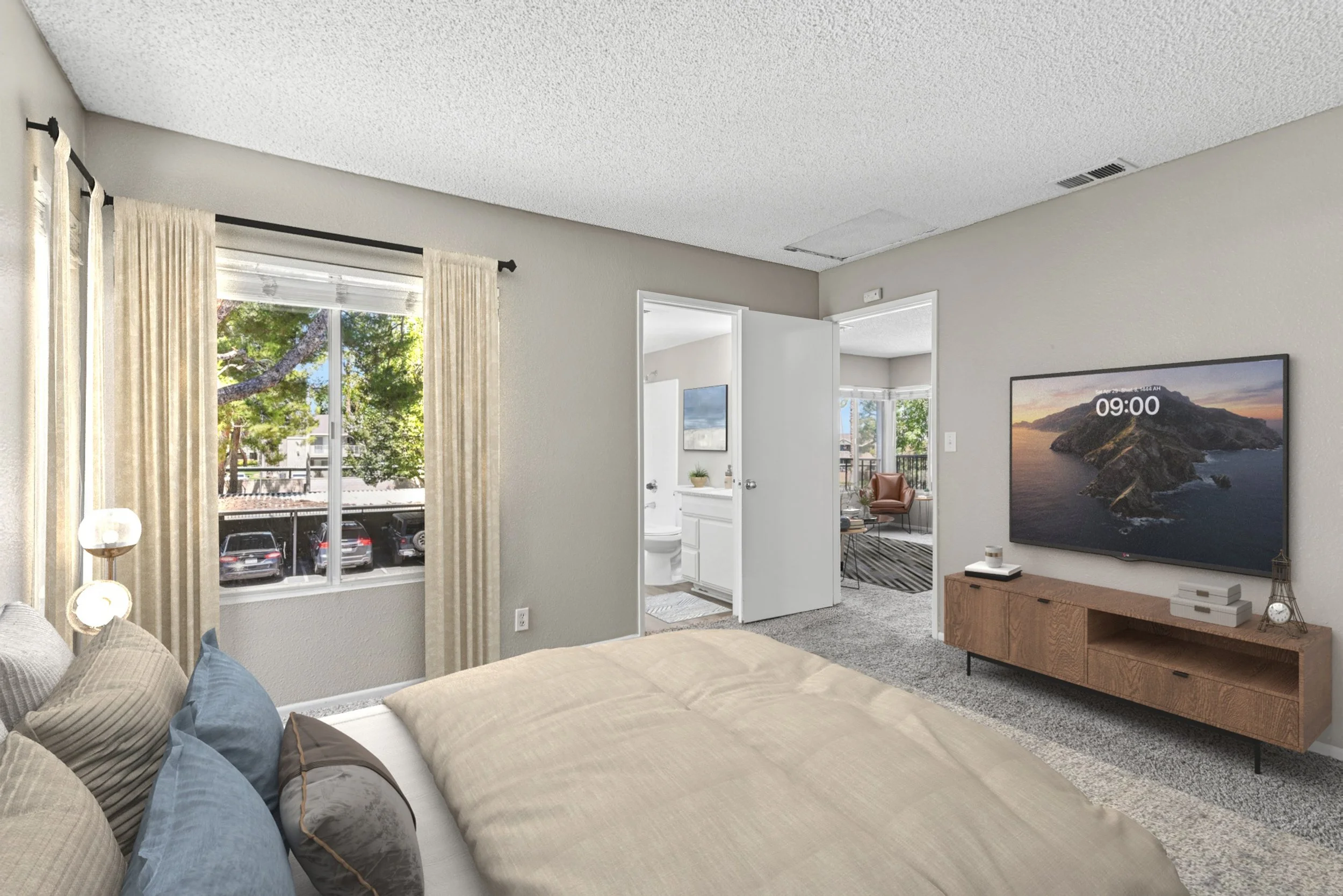 The bedroom in the 1x1 unit with great natural light. 