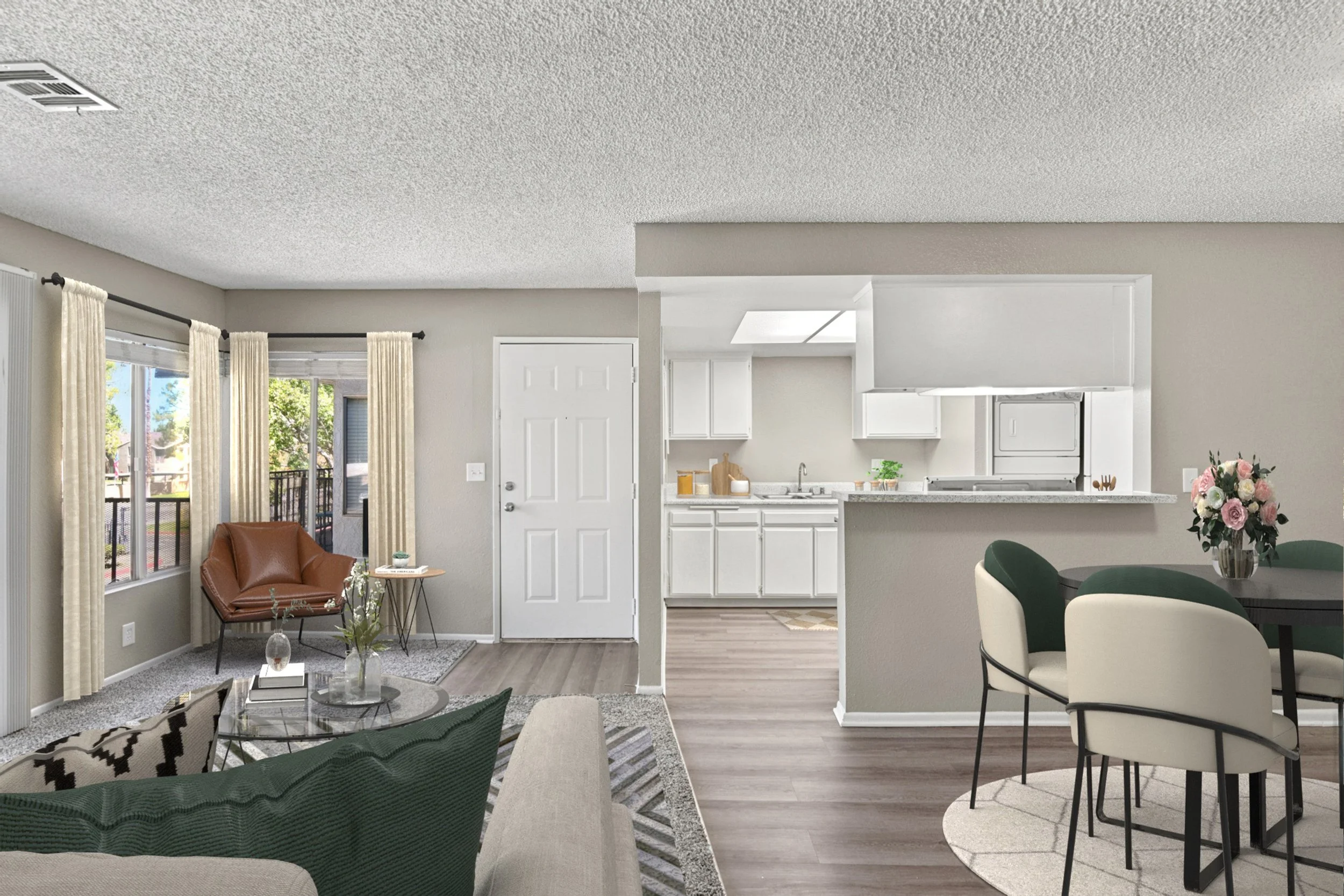 This is a 1x1 Unit. An image of the living room. Dining room space & a glimpse of the kitchen.