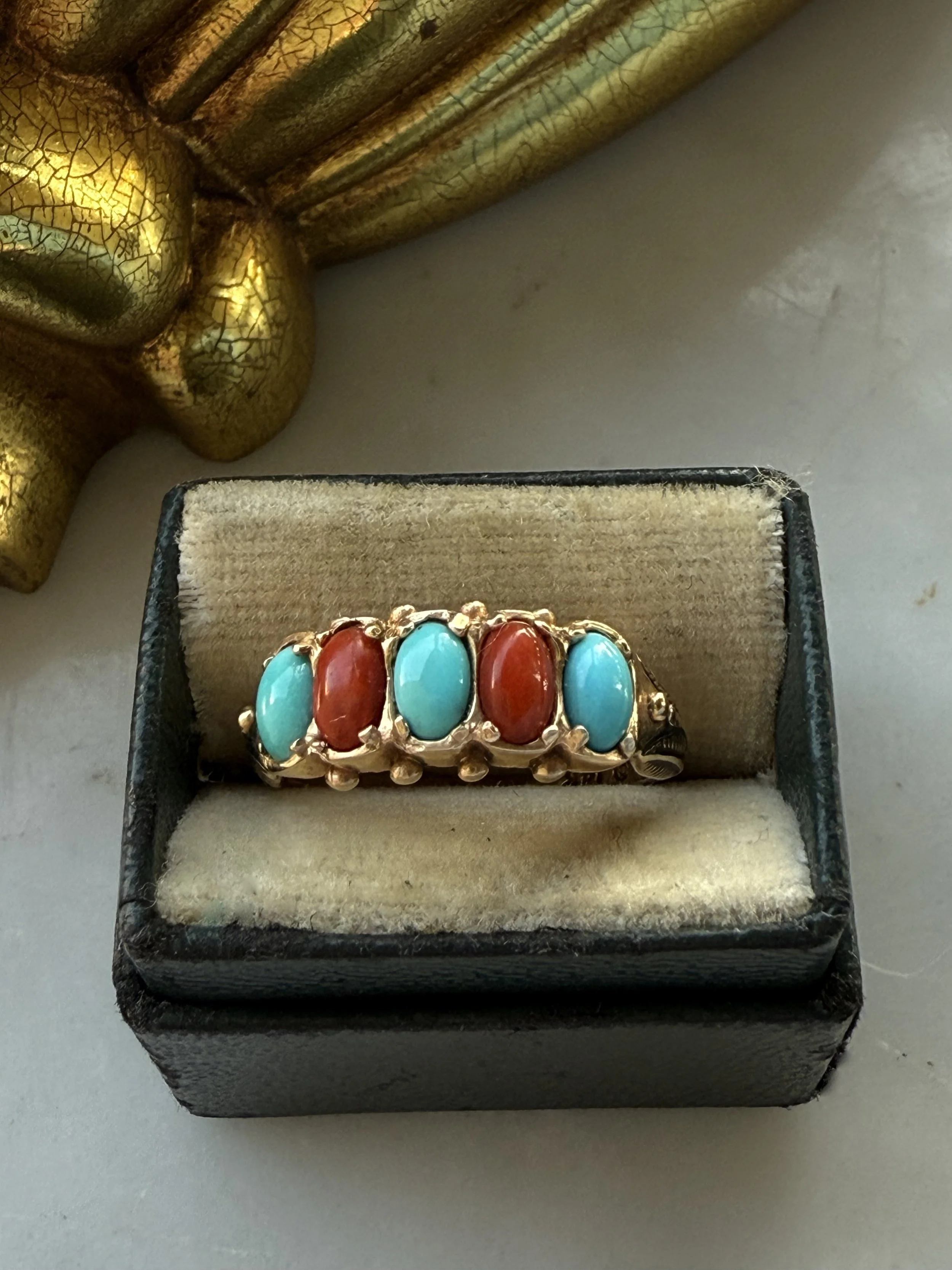 Late 19th century 14k gold turquoise and coral ring