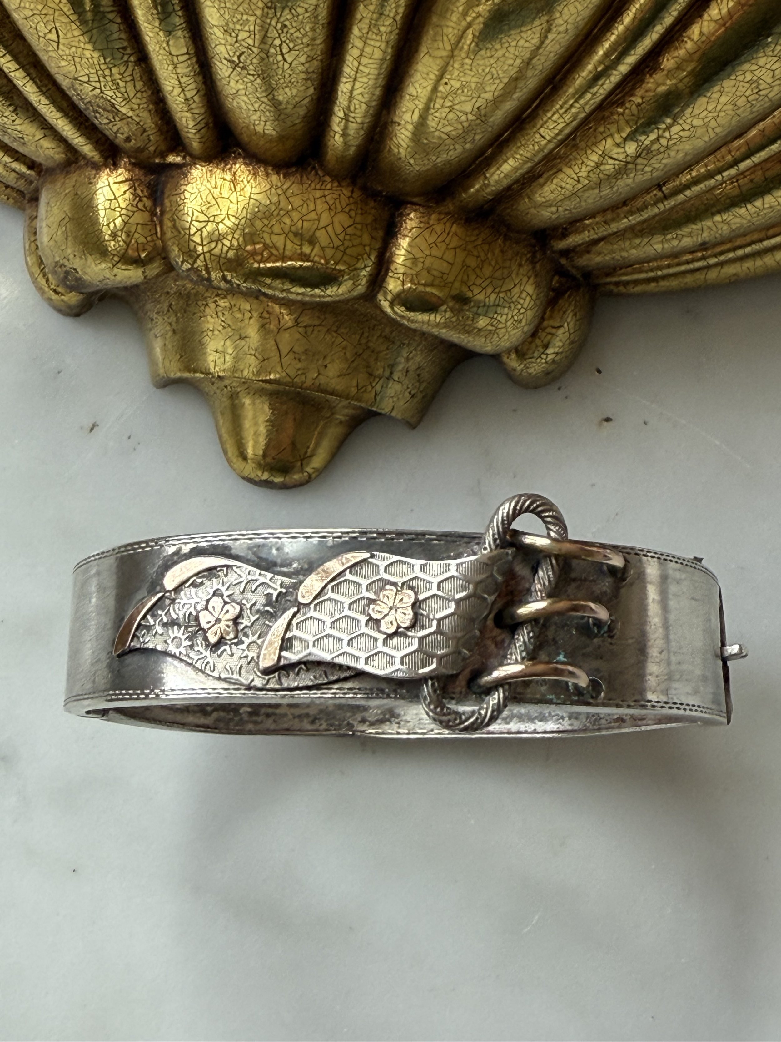 Late 19th century sterling silver and rose gold hinge bracelet