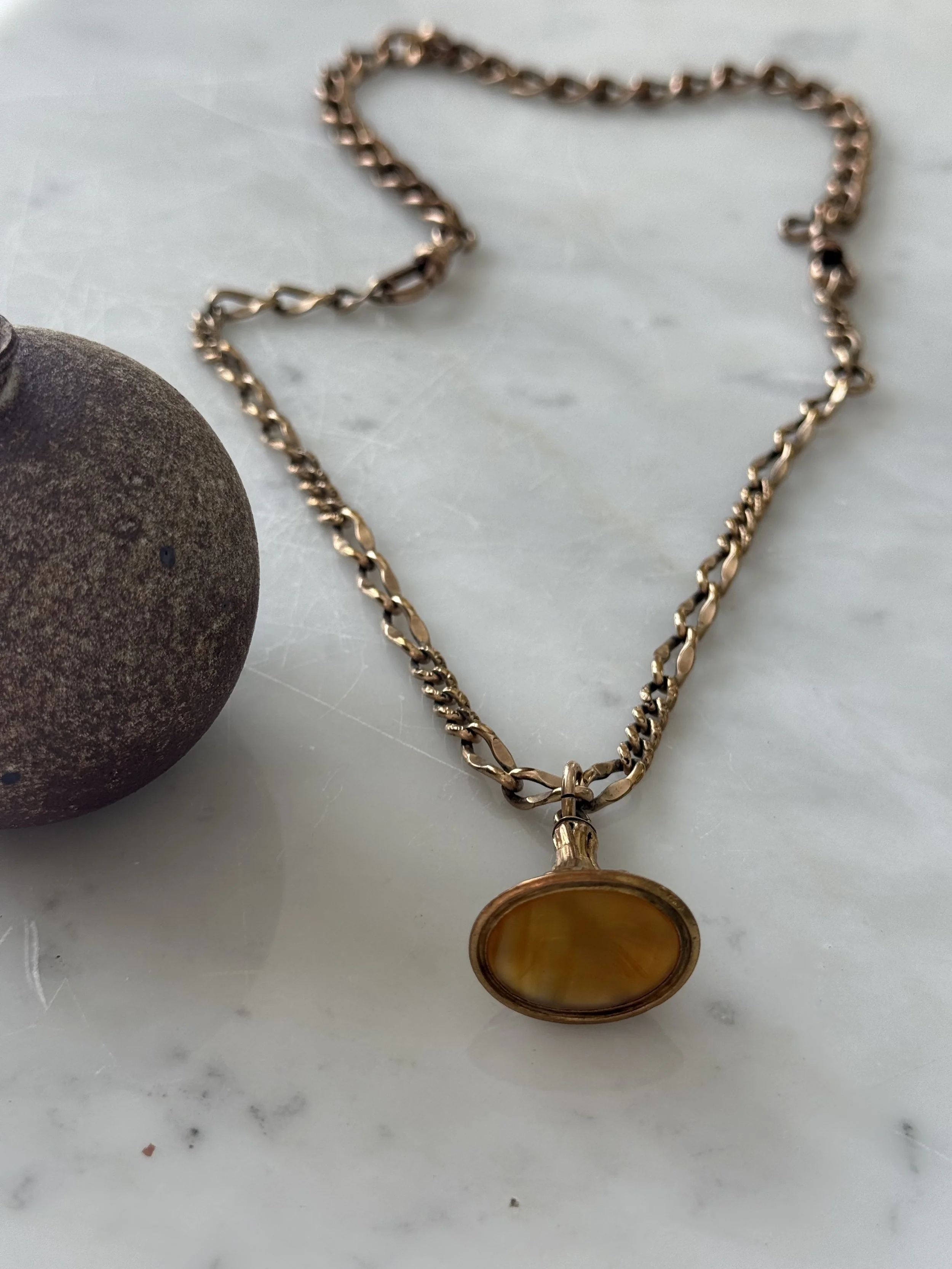 19th century agate wax seal fob with etched curb link pair chains