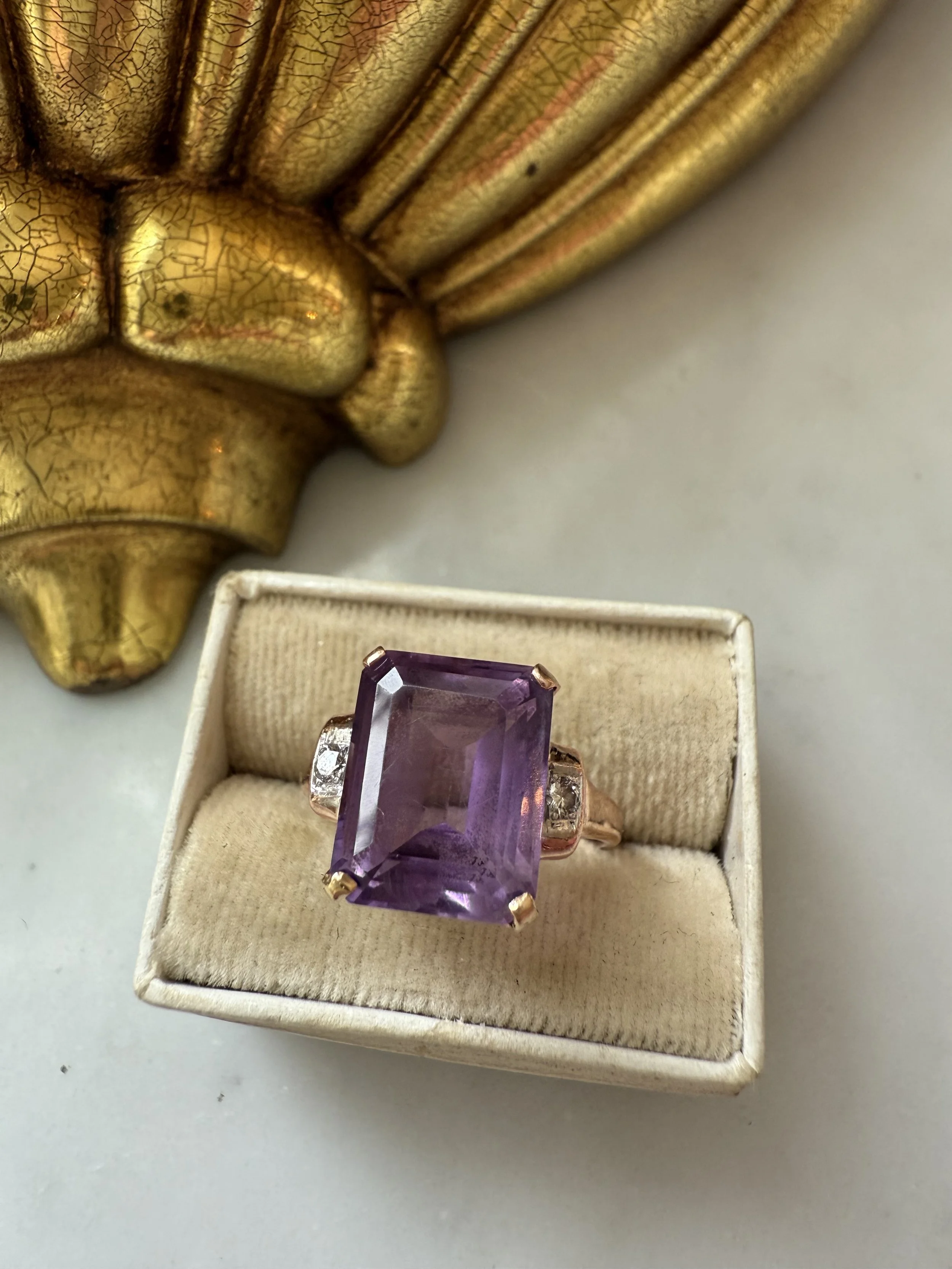 Edwardian 14k rose gold amethyst and diamond cocktail ring