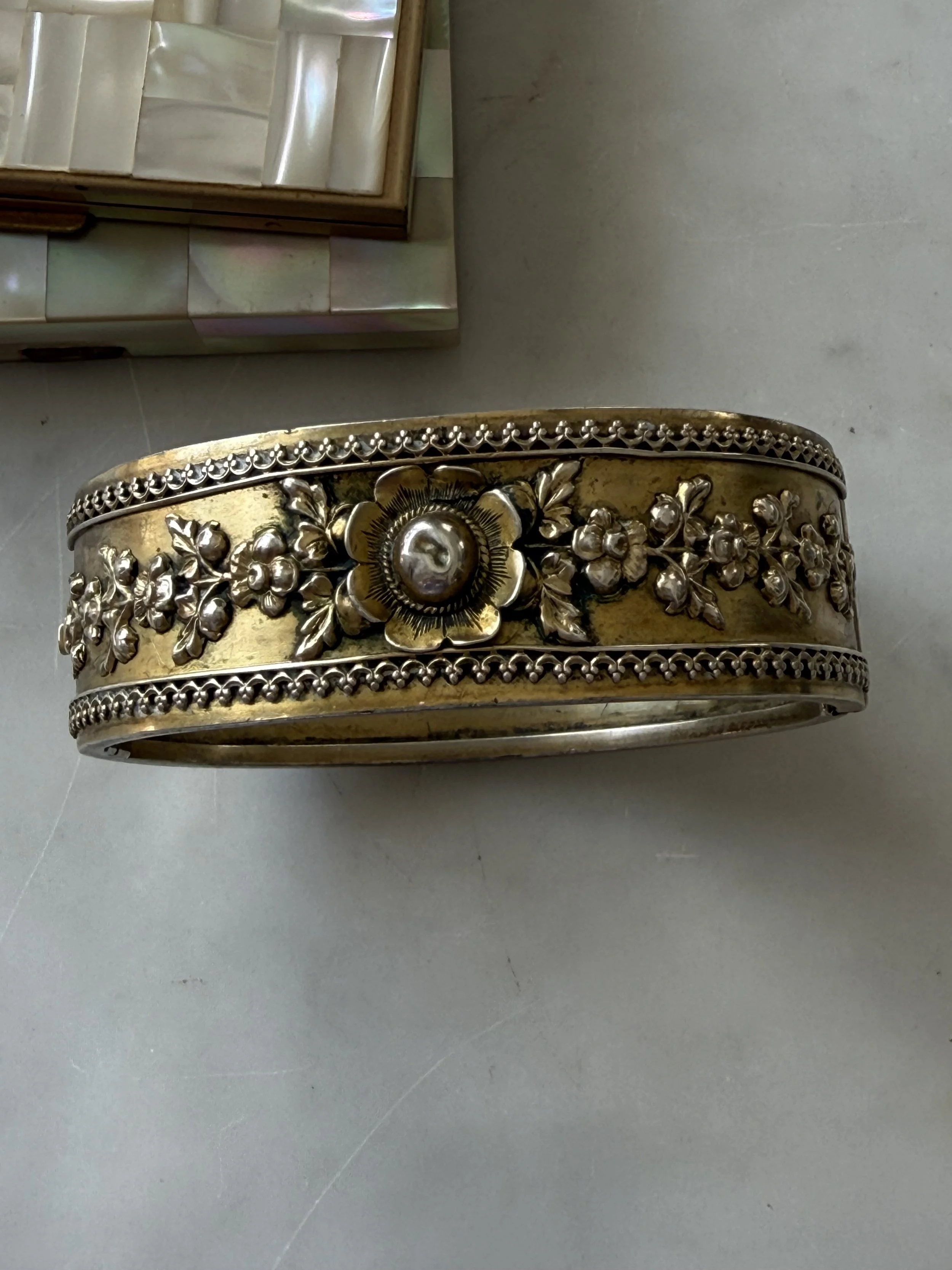 19th century Etruscan Revival style sterling silver with gilt over lay hinged bracelet