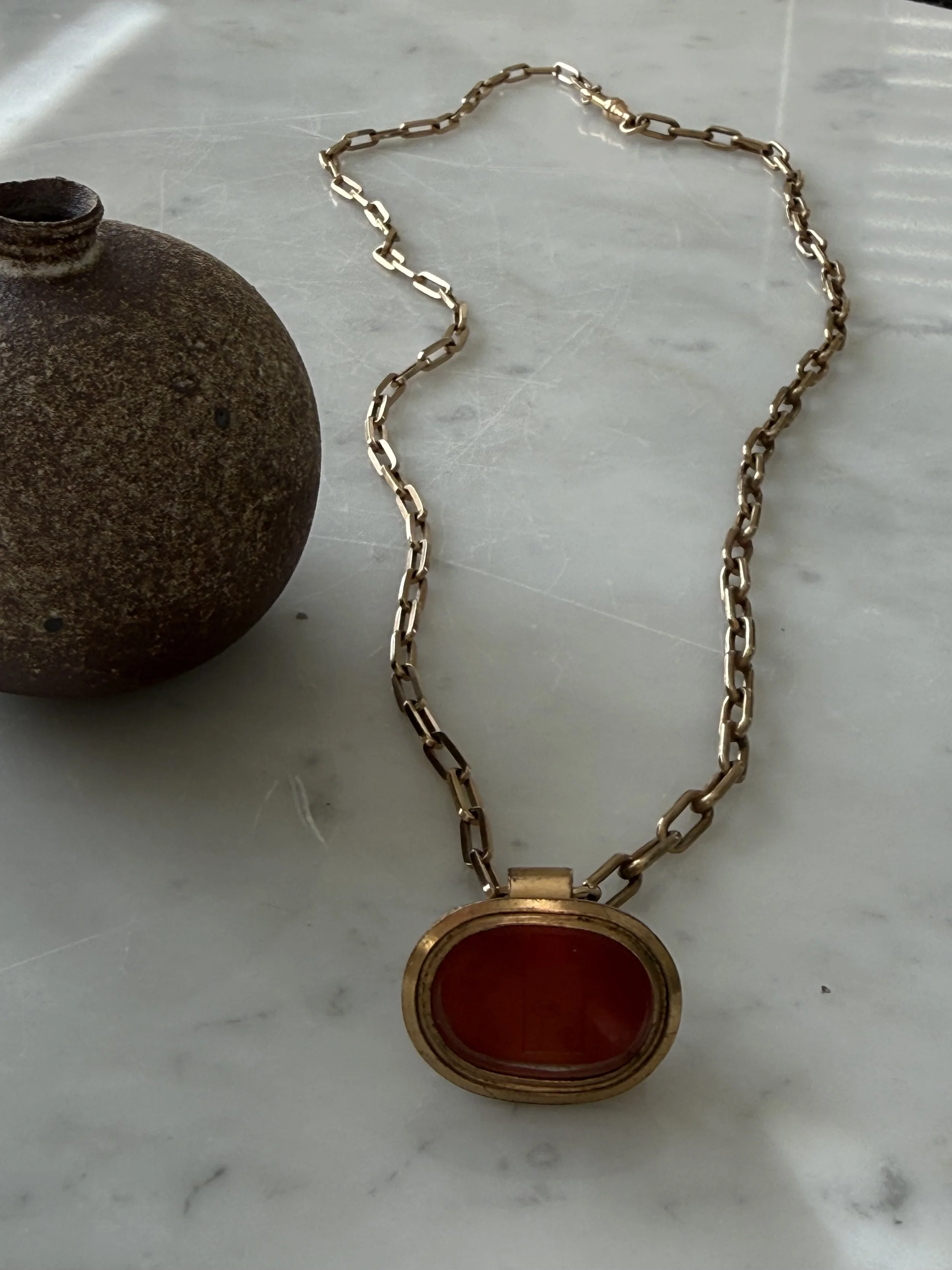Art Deco period carnelian wax seal fob with 20th century oval link chain pairing