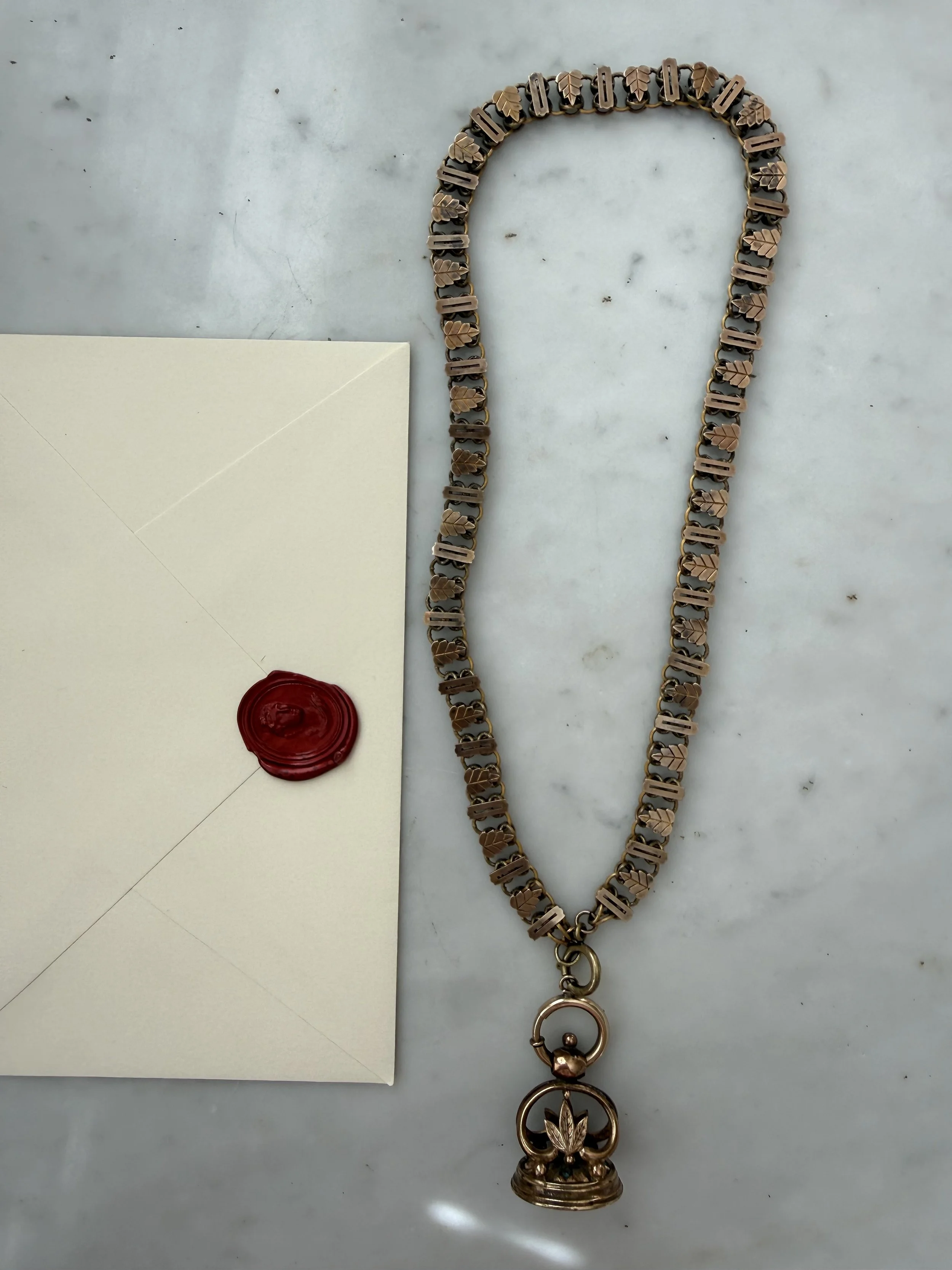 Georgian carnelian seal fob with late 19th century fancy etched leaf chain