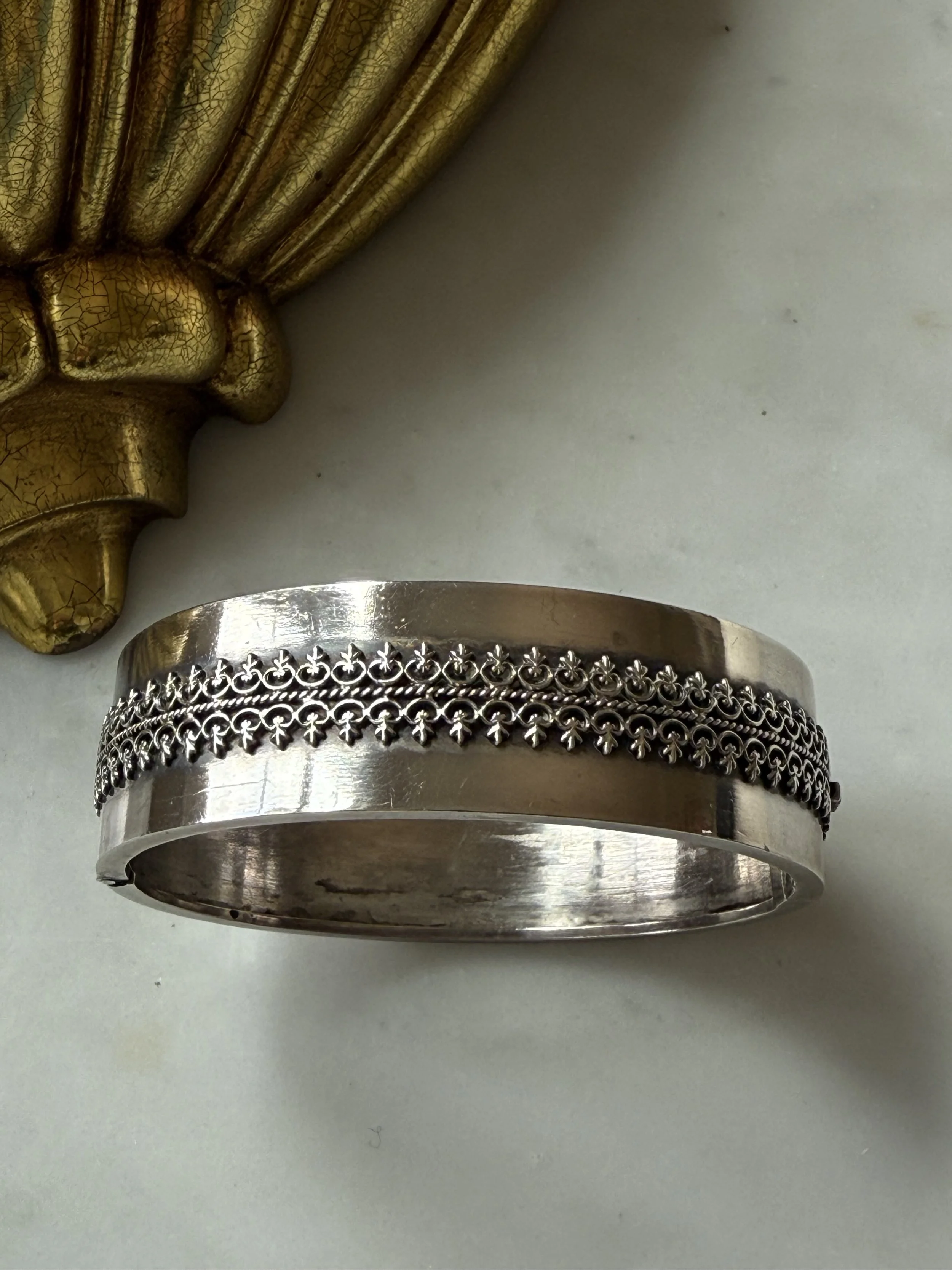 Etruscan revival sterling silver hinged bracelet