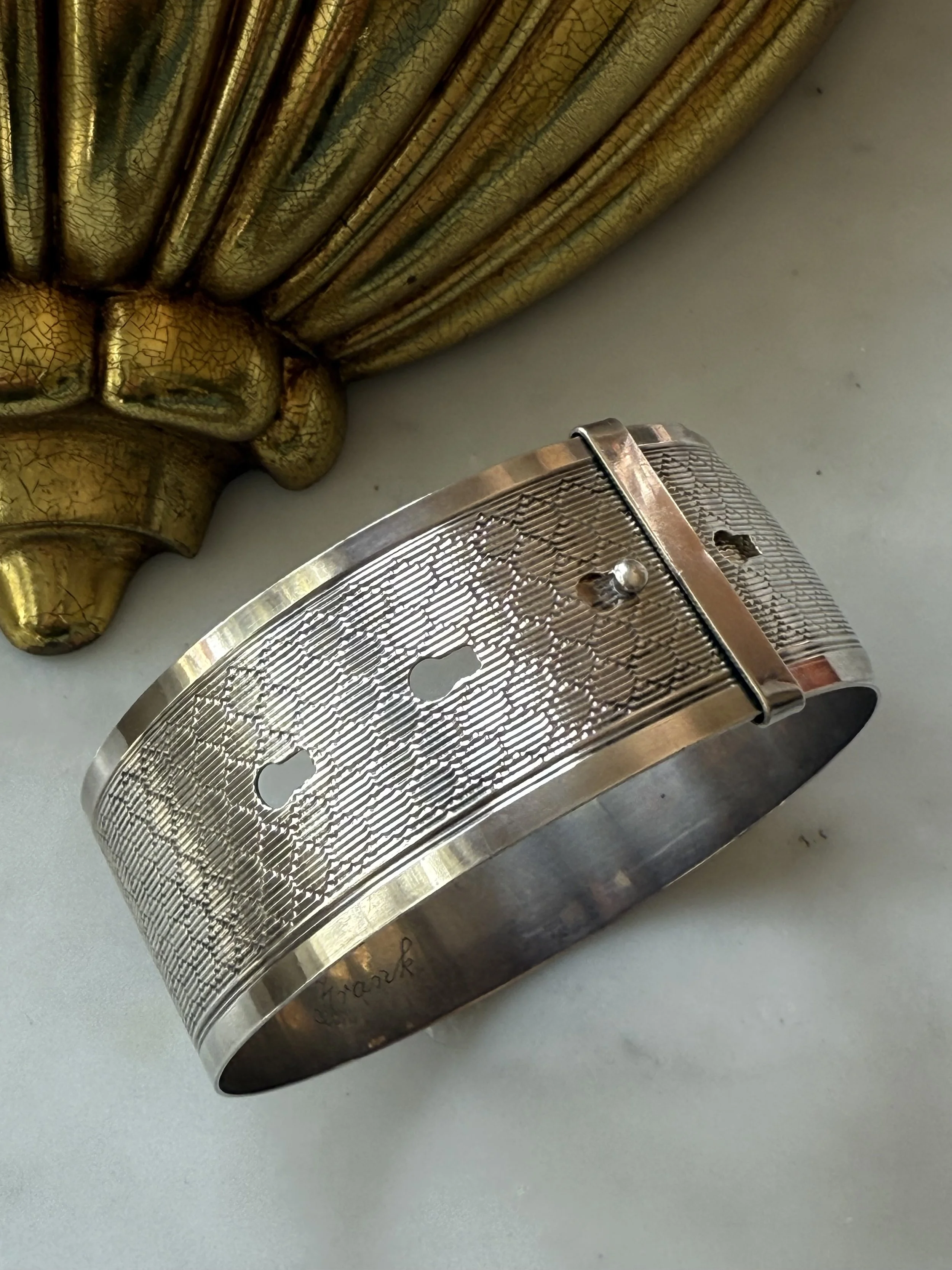 Early 20th century etched sterling silver buckle bracelet