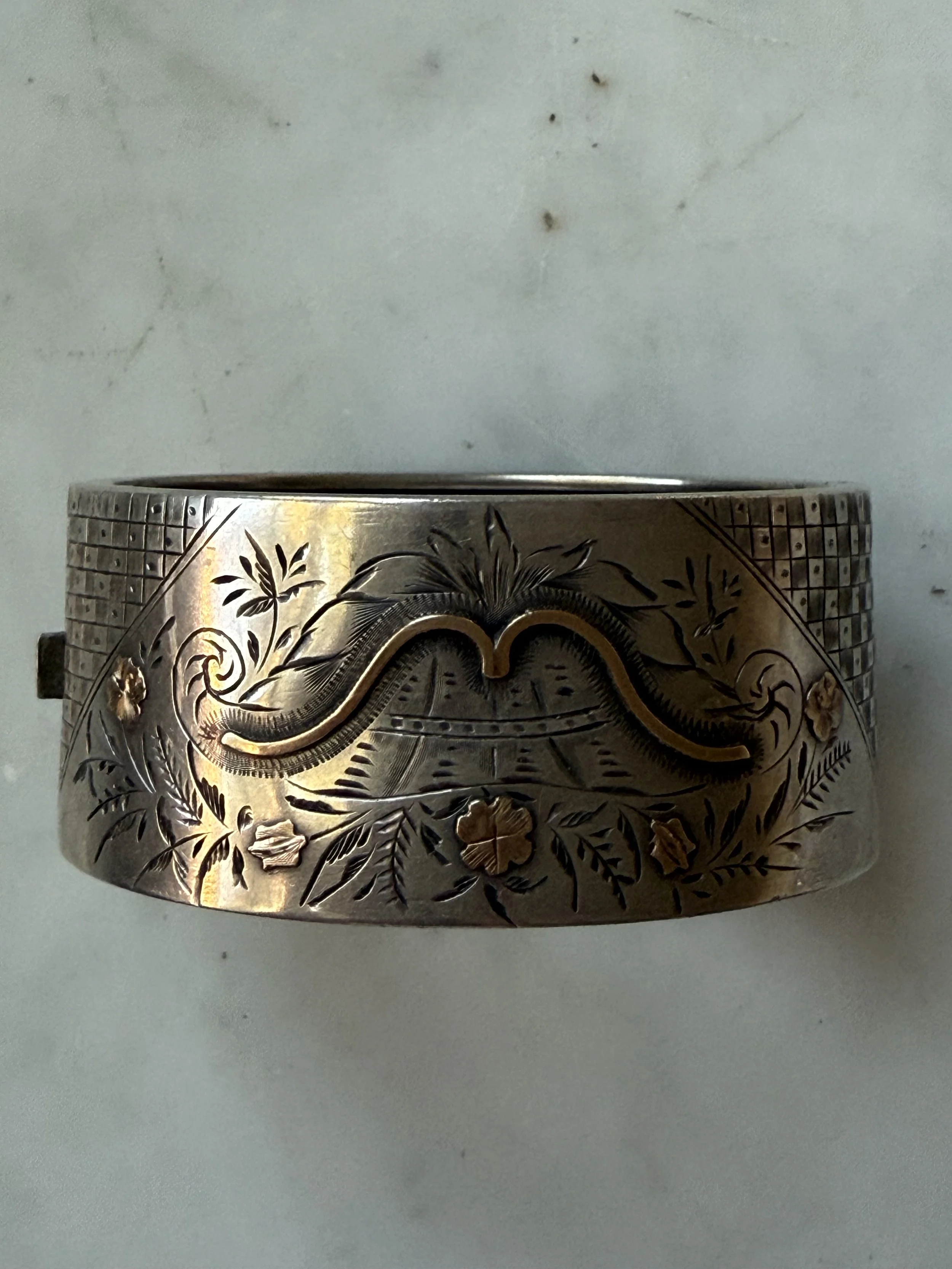 Late 19th century sterling silver and gold basket weave cuff bracelet
