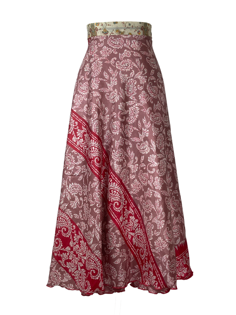 Fair Trade Short Sari Silk Reversible Wrap Skirt - Yellow / Green Design