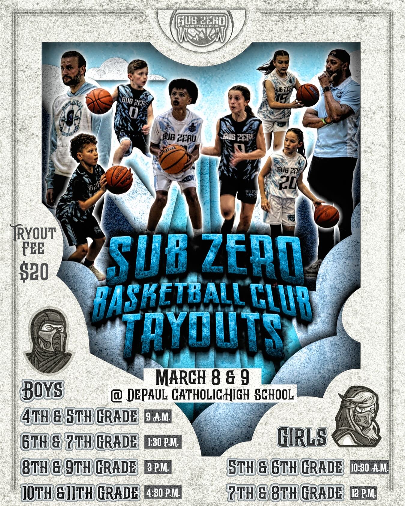 🚨 TRYOUT ALERT 🚨 UPDATED TIMES

🗓️ March 8 &amp; 9
📍 @ DePaul Catholic High School

Greatness isn&rsquo;t given&mdash;it&rsquo;s earned. ❄️🏀 Sub Zero Basketball is looking for the next wave of dedicated athletes ready to put in the work, sharpen